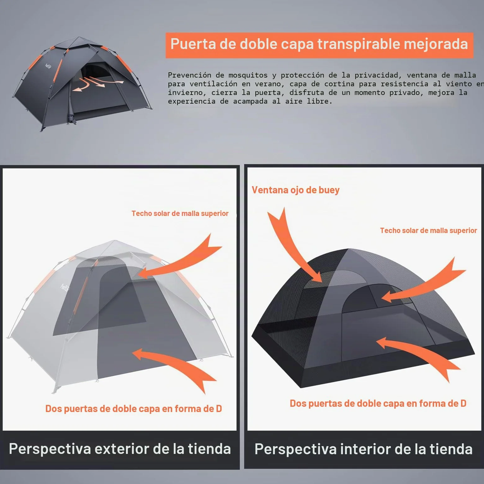 Amflip Tienda de Campaña Automática para 3 Hombre Personas, Tienda de Camping Carpa Interior y Exterior 2 en 1, Anti Impermeable Viento, Puerta Doble para Senderismo Escalada al Aire Libre Viaje