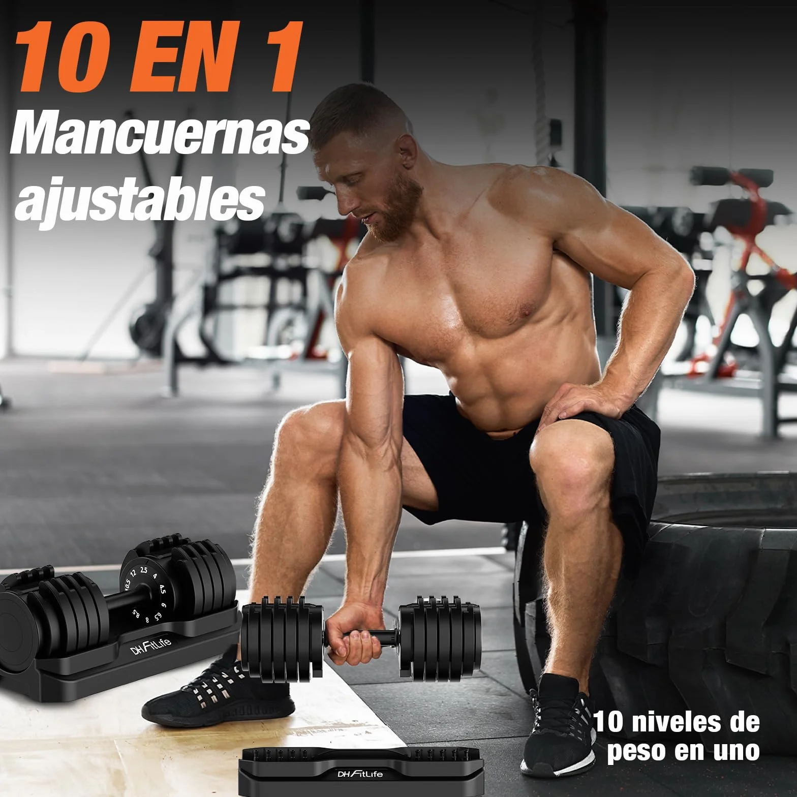 DH FitLife Mancuernas Ajustables 12kg/25kg – Pesas Regulables de 2,5–12kg / 4–25kg con 10 Niveles, Juego de Mancuernas con Discos de Peso, Pesas Variables 10 en 1