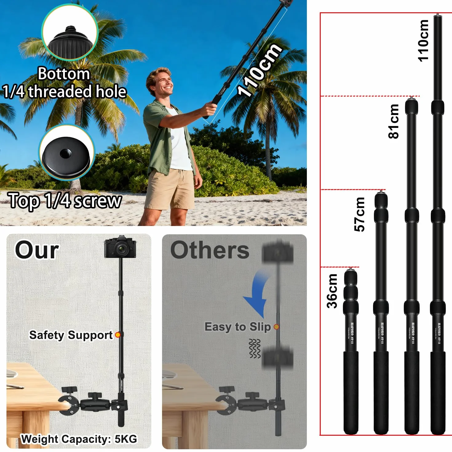 Moto Cámara Montaje Kit con Osmo 360 Osmo Nano, Bicicleta Doble Abrazaderas Manillar Soporte con 43" Palo Selfie Invisible compatible con Insta360 X5-X para UTV y Vlogging Registros de Conducción