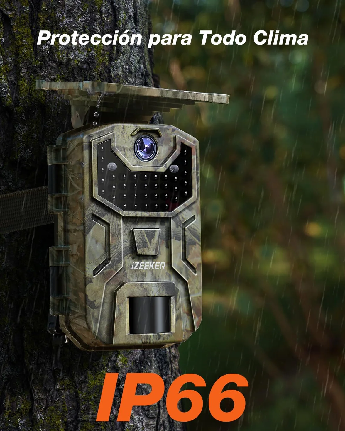 iZEEKER Cámara de Caza Solar, 4K 30fps 48MP Cámara Caza Nocturna con Batería de 2600 mAh 850nm IR LED Brillo Impermeabile IP66 para Vigilancia de la Vida Silvestre y Seguridad Interior
