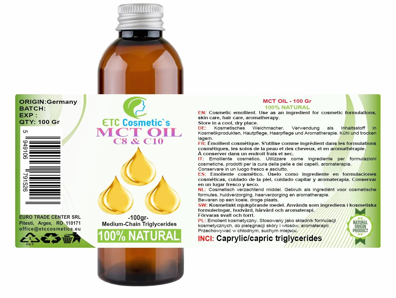 Aceite MCT 100 g Triglicéridos de cadena media C8 C10