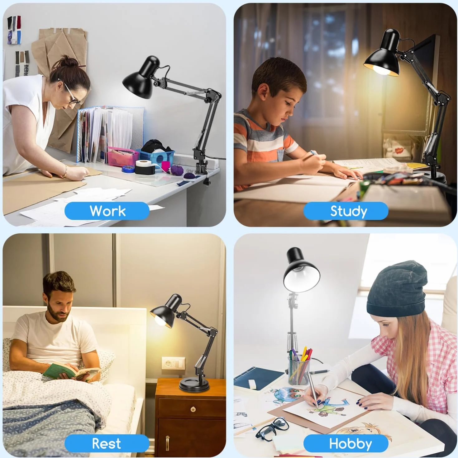 Aigostar Lámpara de Escritorio E27, Brazo articulado de metal, Lámpara de Mesa Ajustable Negro