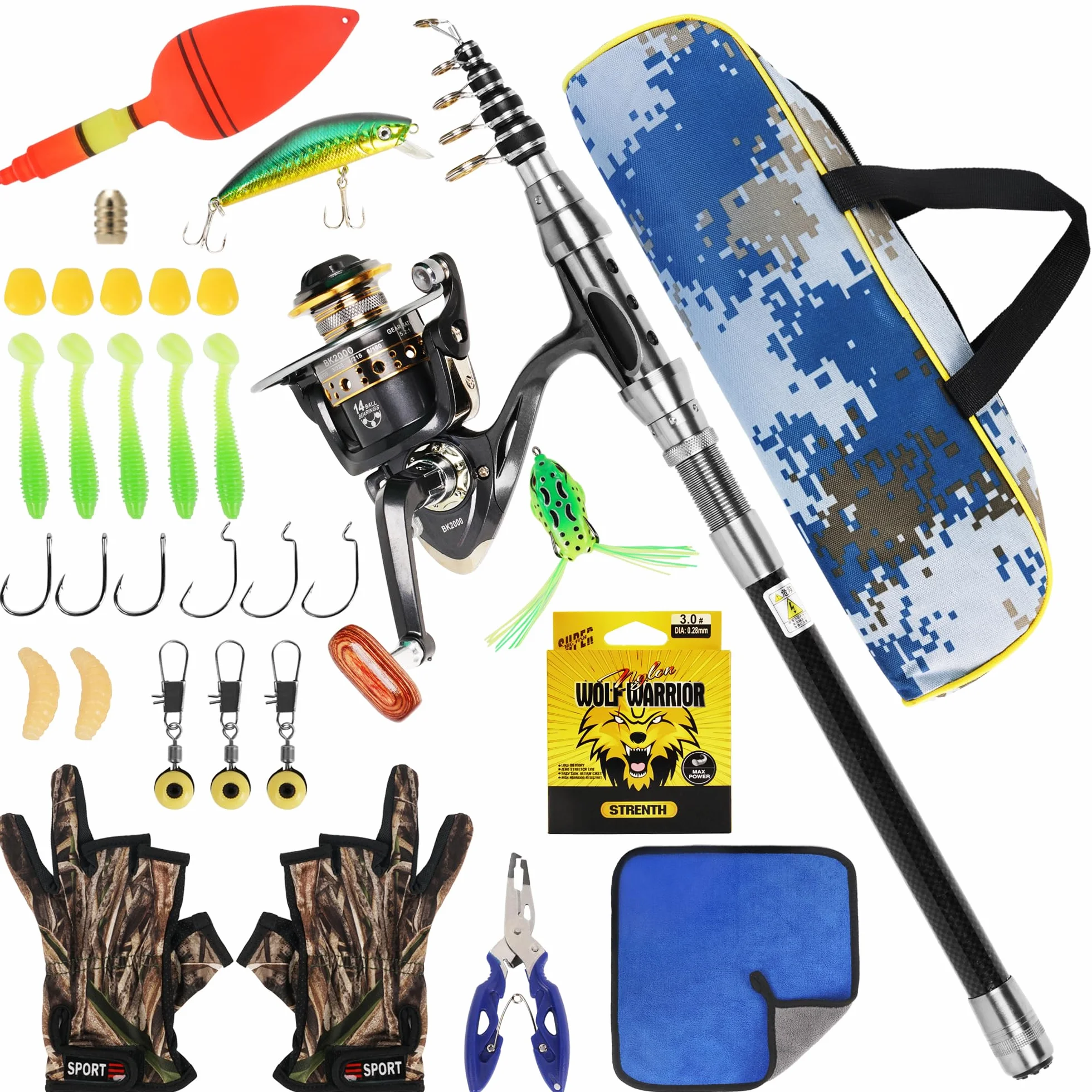 Juego de caña de Pescar telescópica y Carrete, Kit de caña de Pescar de Metal de 2,1 m con línea de Pesca/Accesorios de señuelos de Pesca/Bolsa de Transporte, para Viajes, Agua Salada o Dulce