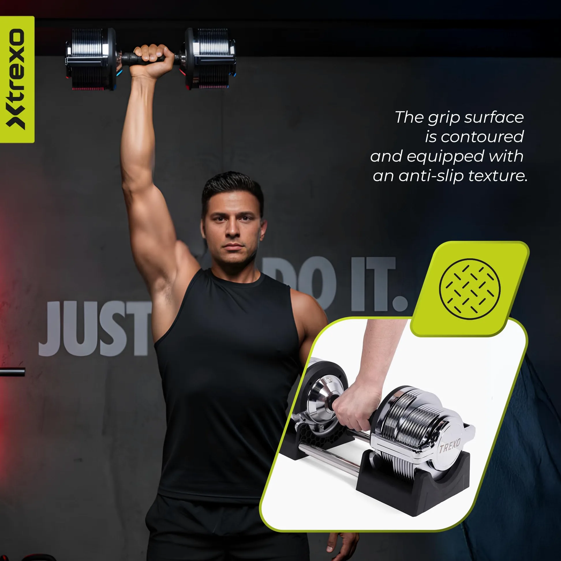 TREXO Mancuerna Ajustable Cromada 32 kg para Entrenamiento de Fuerza con 30 Niveles de Ajuste Mancurenas Ajustables Para Principiantes y Profesionales Para Fitness con Mango Ergonómico Antideslizante