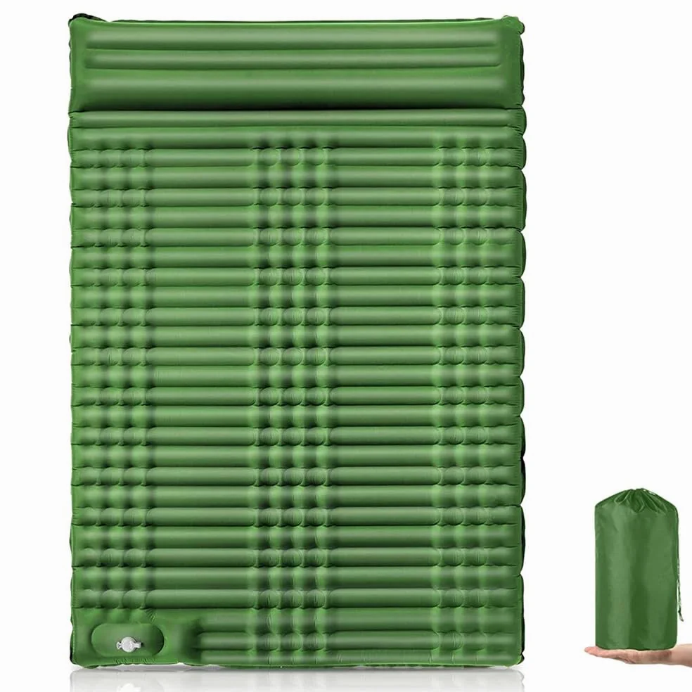 Cama de camping doble autoinflable para adultos con bomba de pie integrada y almohadas, cama de camping portátil autoinflable para mochileros y senderismo