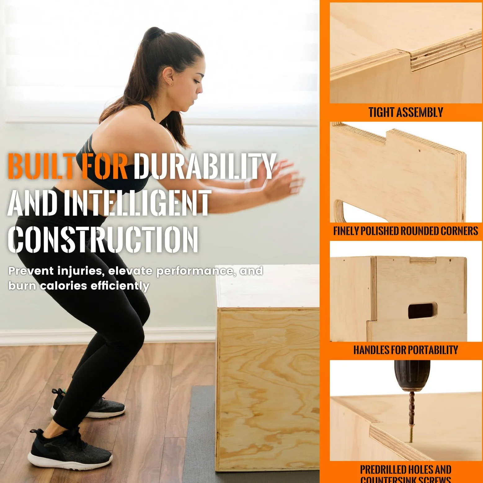 CAELUM Caja pliométrica de madera 3 en 1 – Caja de salto pliométrica antideslizante para el hogar y el gimnasio, caja de lanzamiento de fitness con rodamientos de 400 libras para saltar, sentadillas