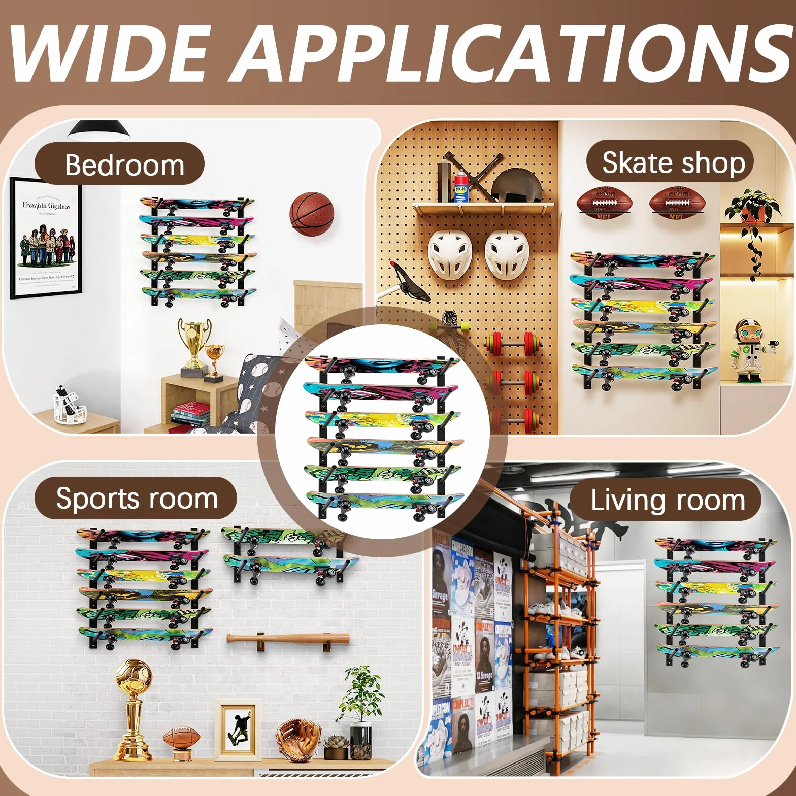 Soporte De Pared Para Monopatines, 6 Niveles, Acero Negro, Universal Para Longboards, Snowboards Y Wakeboards