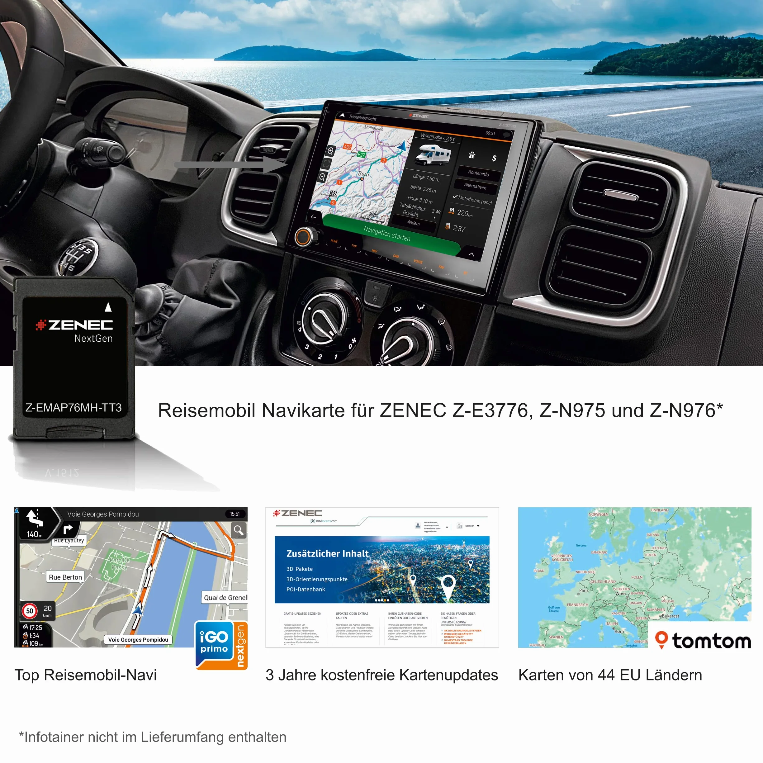 ZENEC Z-EMAP76MH-TT3 – Tarjeta Micro SDHC con Navegación Autocaravana para ZENEC Infotainer Z-E3776, Z-N975 y Z-N976, Mapas 3D para Europa, Camping P.O.I. para autocaravanas, TMC