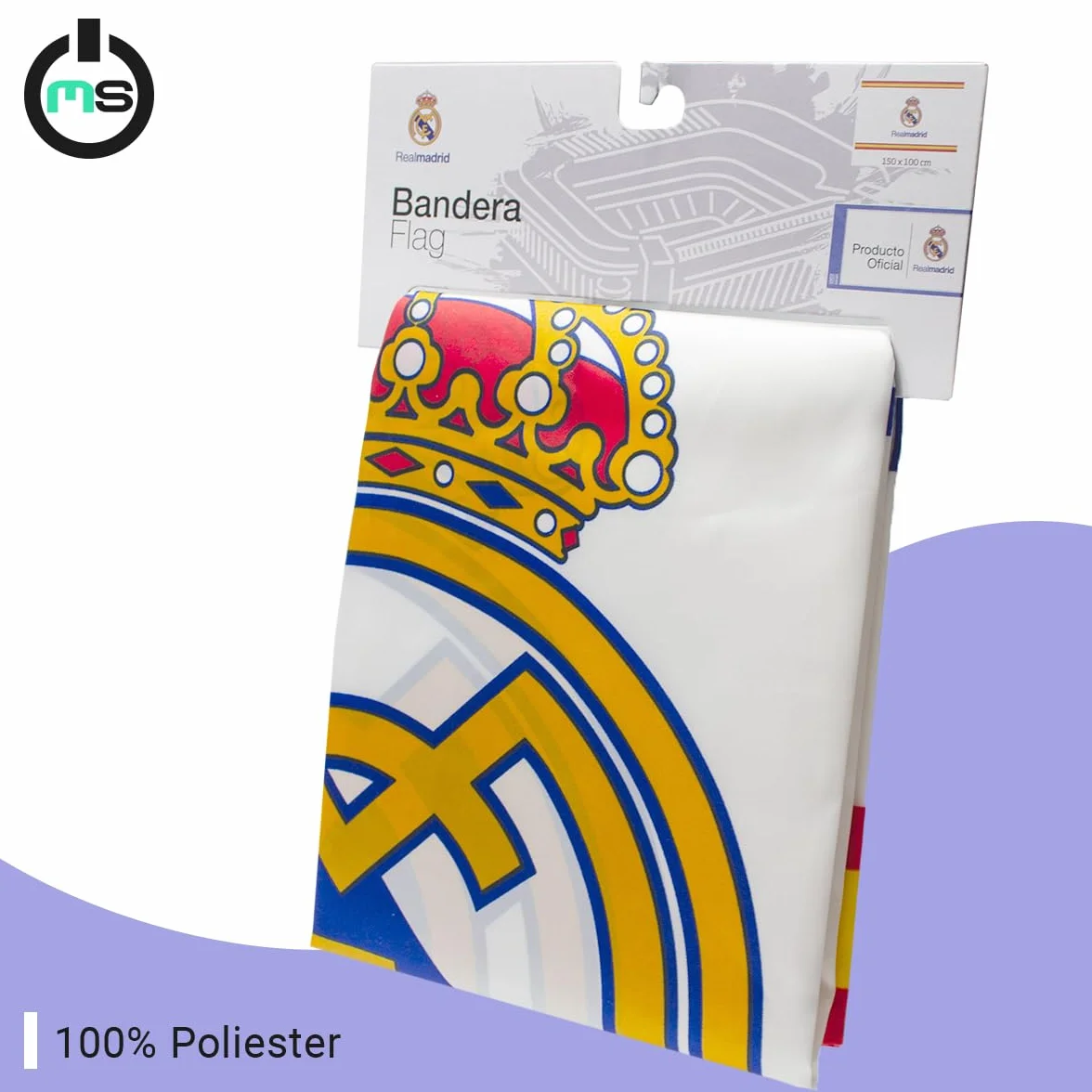 Bandera oficial del Real Madrid Club de Fútbol + Llavero 15 Champios | 150 x 100 cm - Escudo del Real Madrid y borde con colores de España | Producto Oficial