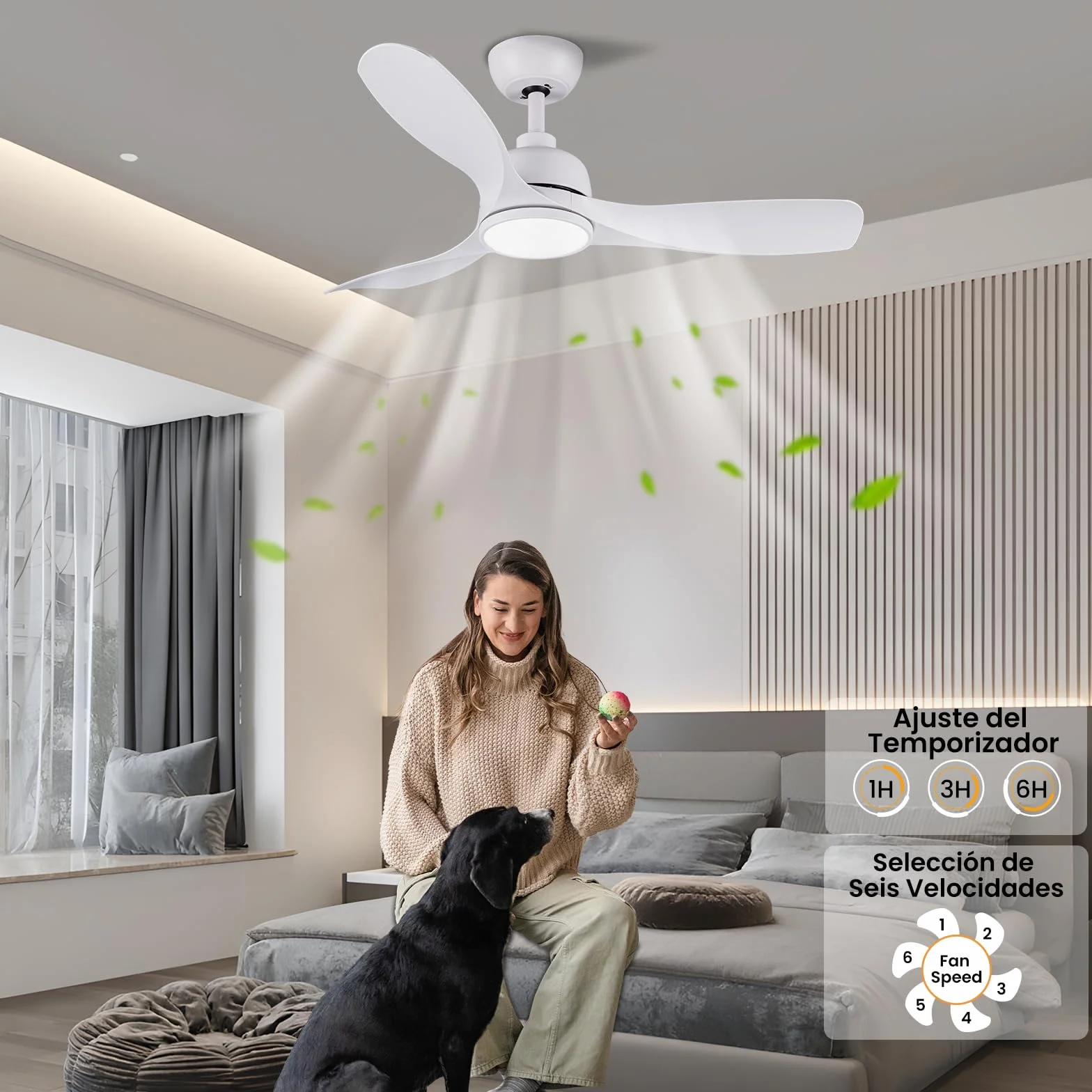 CJOY Ventilador de Techo con Luz 107cm Blanco, Mando Silencioso, 6 Velocidades, Memoria 3 CCT, LED Regulable, DC Reversible