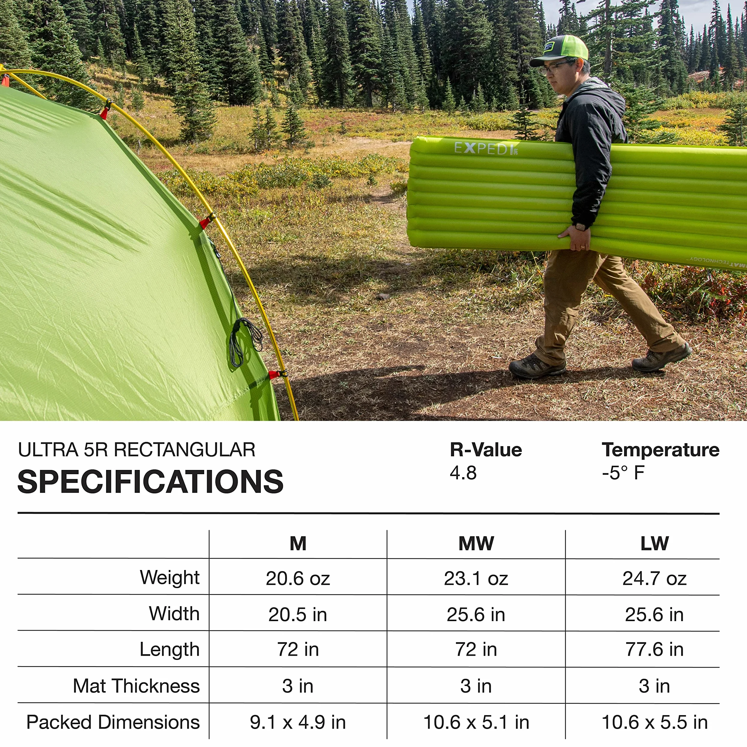 Exped Ultra 5R | Tapete Ligero para mochilero | Plegable y cómodo | Tapete de Dormir de -5 Grados para 4 Estaciones, liquen, Mediano | Colchoneta de dormir ultraligera para acampar durante las 4 estaciones