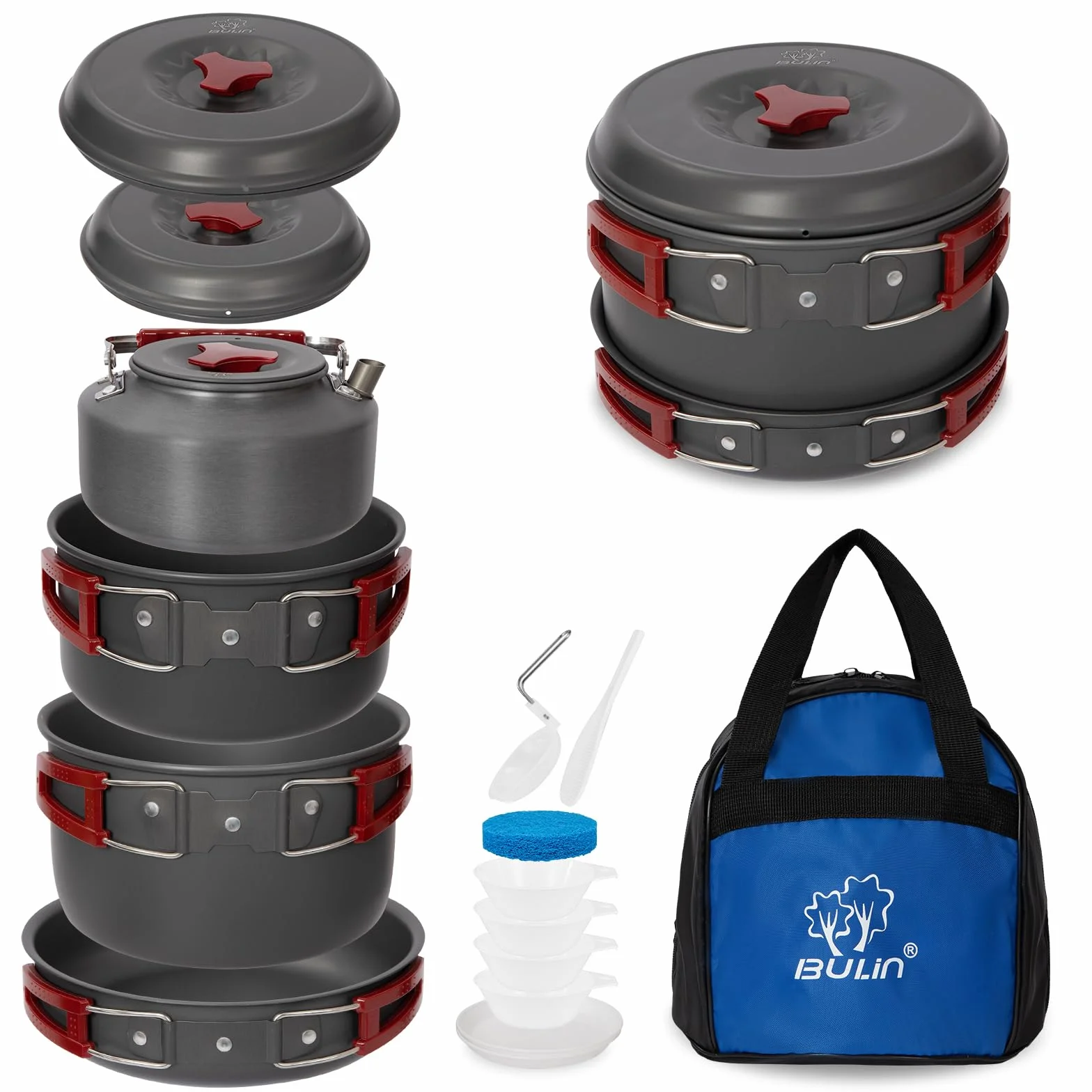 Bulin Set de Cocina Camping, ollas de Aluminio, Set de Cocina Ligero con Cubiertos Plegables y hervidor, Utensilios de Camping para 1–2–4–6 Personas, Ideal para Camping, Exterior y Picnic