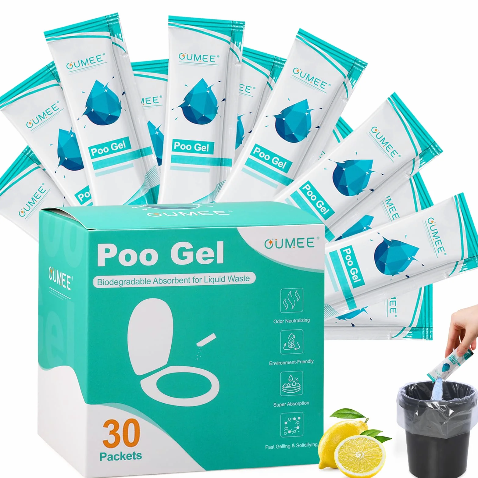 Gel de caca para inodoro portátil, polvo de inodoro de camping para bolsas de orinal, gel absorbente ecológico, paquetes de gel de inodoro portátiles para suministros de campamento al aire libre (50)