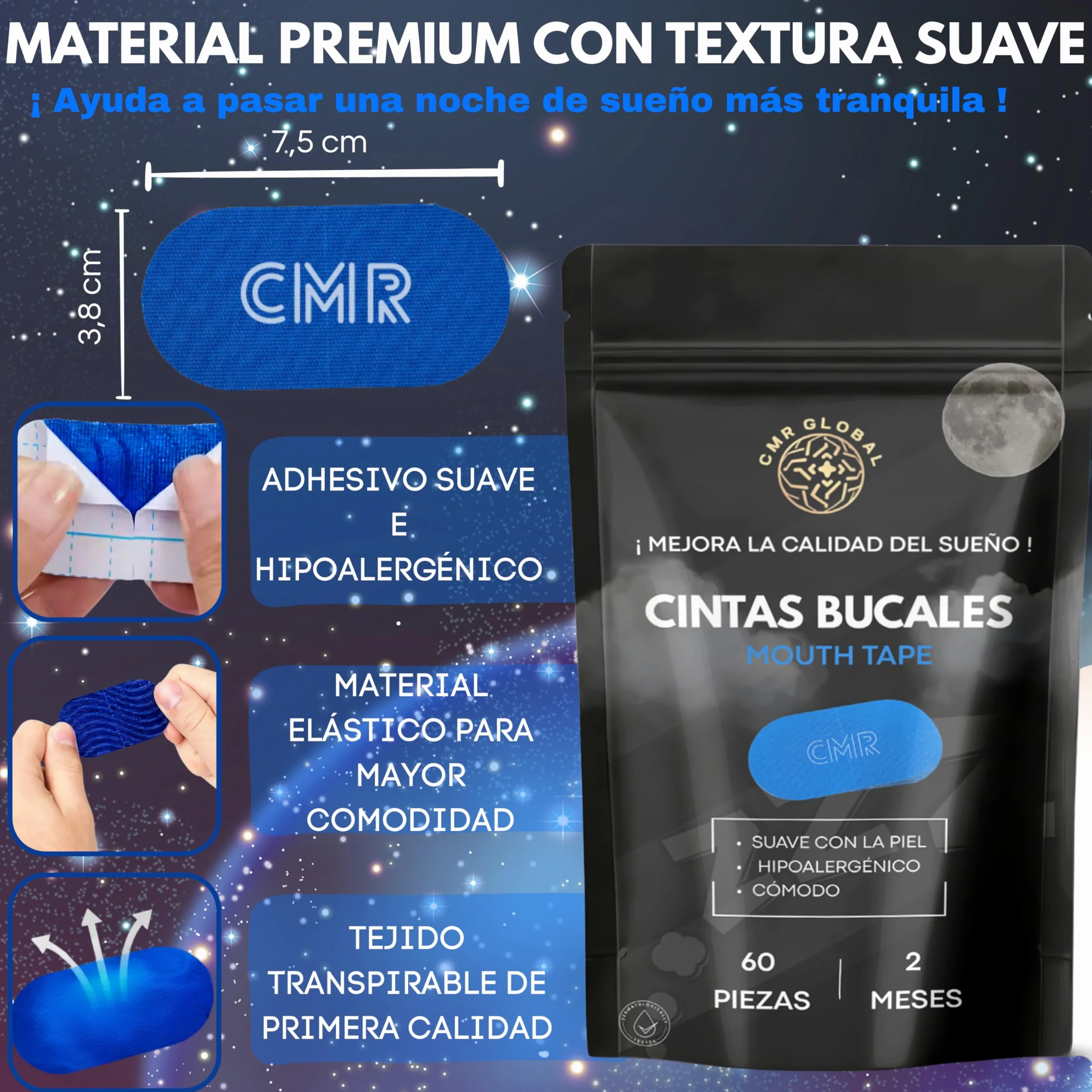 Mouth Tape Pack Premium para Dormir Antirronquidos 60 Tiras Bucales Cinta Mejora Respiración