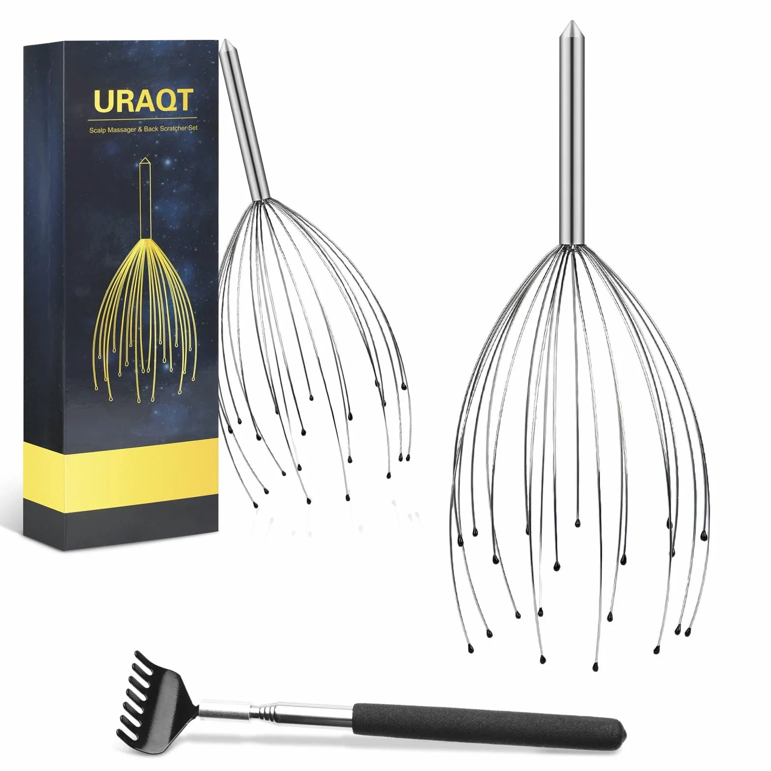Kit de Masajeador de Cabeza y Espalda, 2+1 pack Masajeador de Cuero Cabelludo con Rascadores Telescópicos, Araña de Masaje con 20 dedos