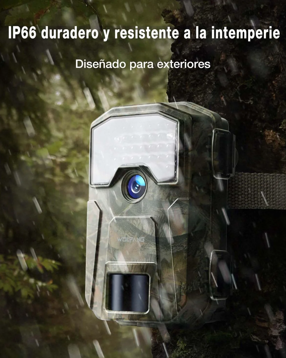 WOLFANG Cámara de Caza, Camara Fototrampeo 48MP 4K HD, Nocturna 940 NM LED IR Sin Brillo con 0,3s Activación, Cámara Caza Impermeable IP66 para Vida Silvestre y Monitoreo de Seguridad WT01