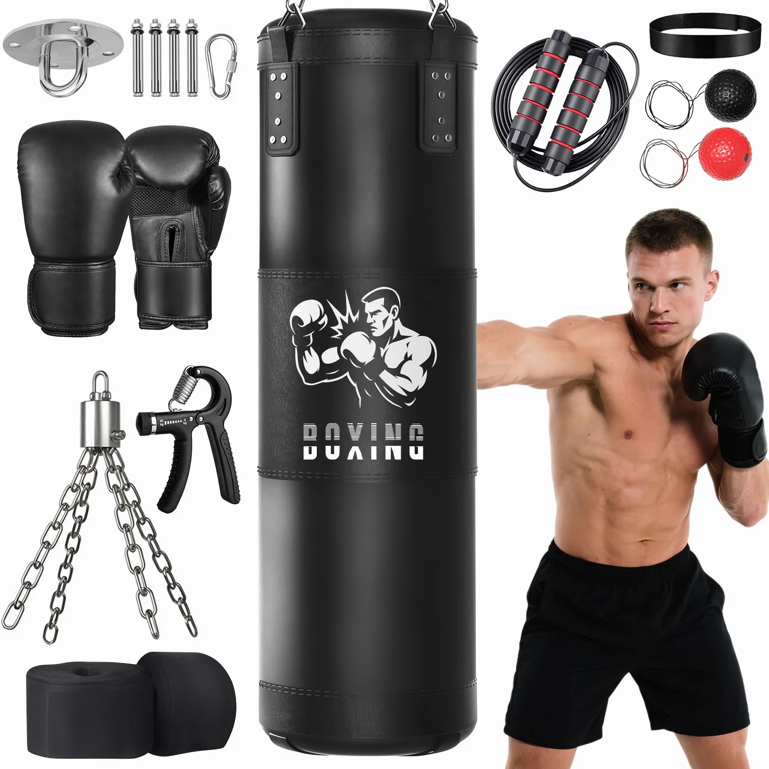 Saco de Boxeo Ninonly 120 cm Colgante con Guantes y Cuerda para Saltar