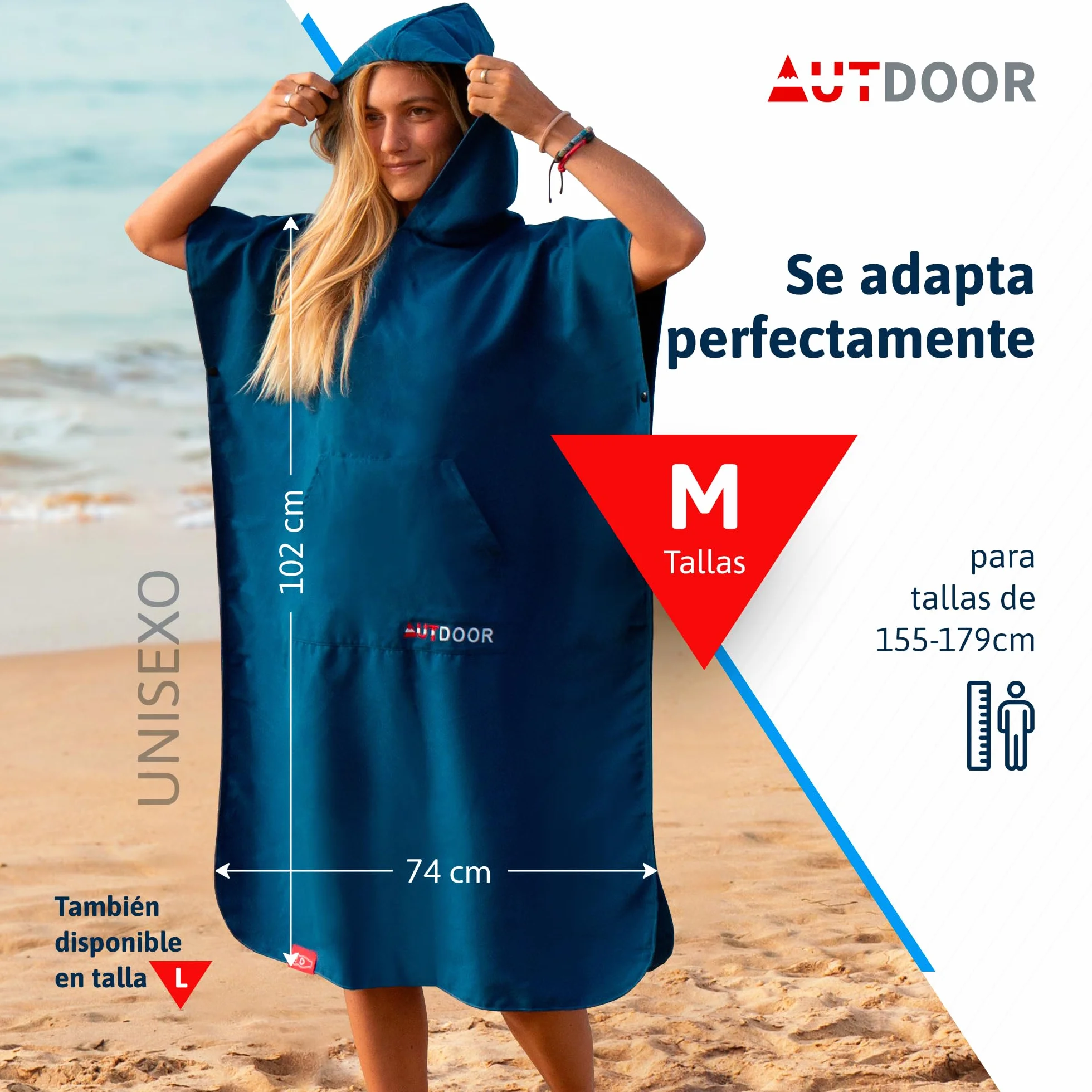 AUTDOOR® Poncho Surf - Fabricado a Partir de Botellas de plástico recicladas - Toalla de Piscina compacta, Ligera y de Secado rápido Ideal para natación y Deportes acuáticos (Azul, Mediano)