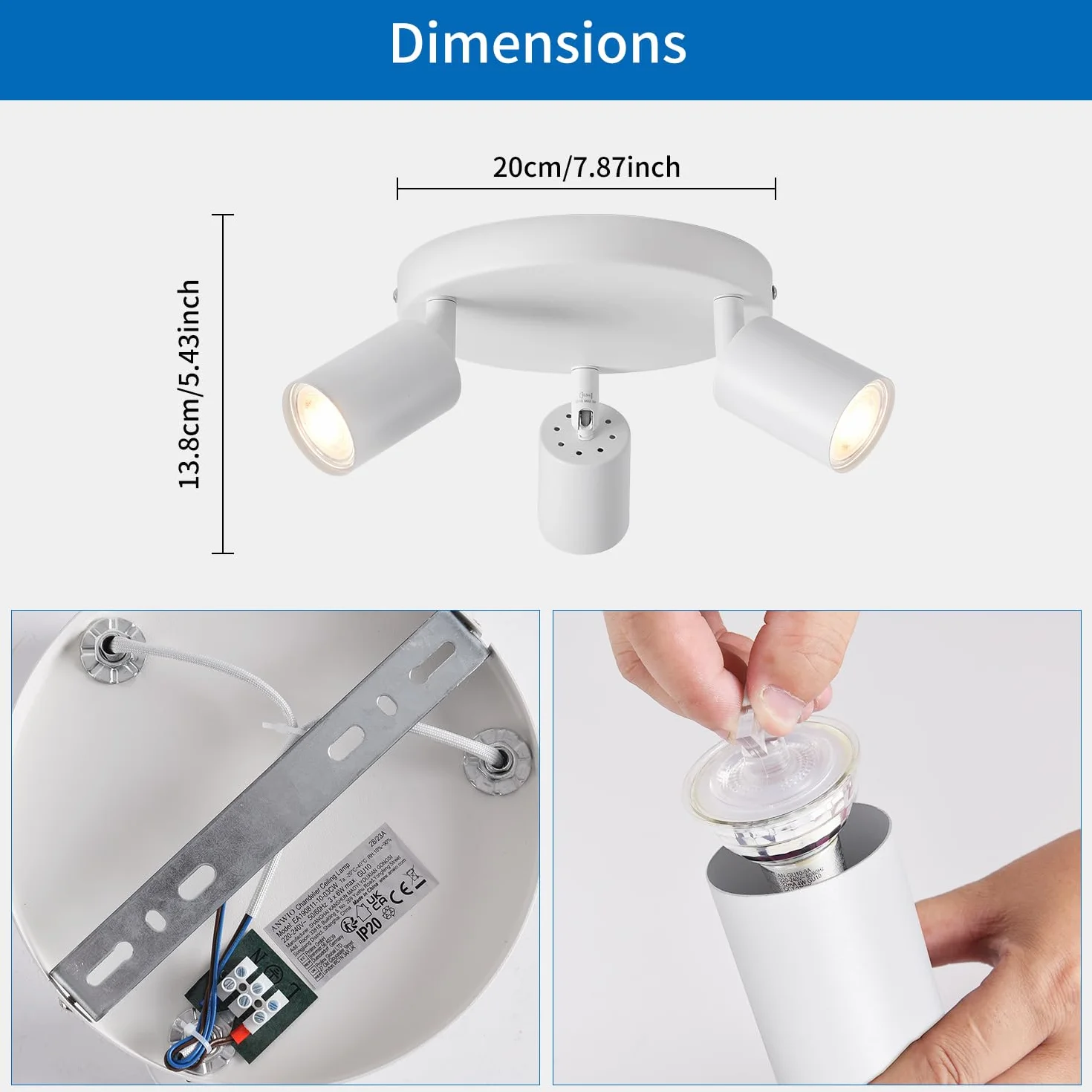 ANWIO Focos LED Interior Techo Ajustable 3 Focos LED Metal Blanco