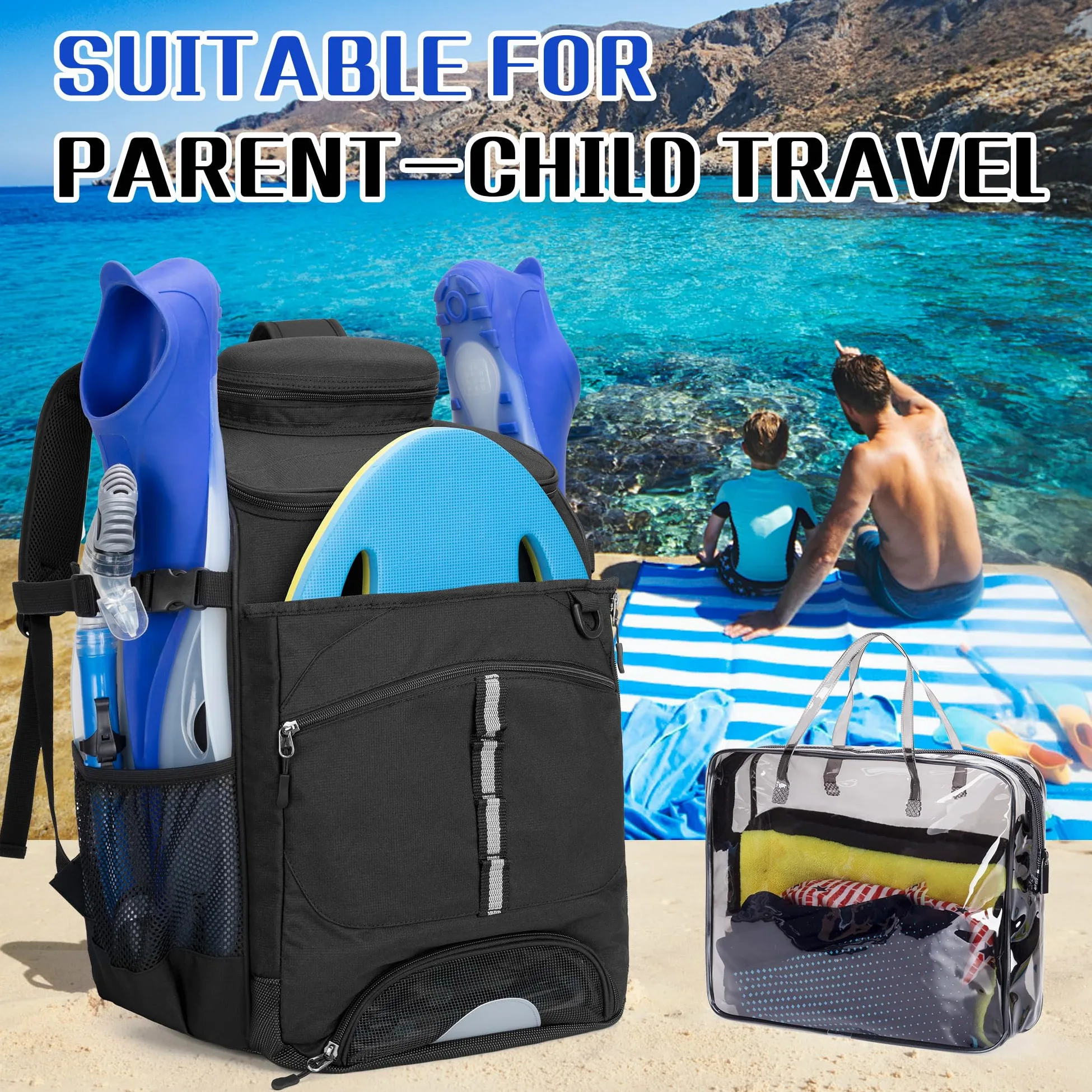 GOBUROS Mochila de natación, Bolsa de natación con Bolsa Transparente de PVC Adicional y Espacio Separado para Zapatos para Nadar