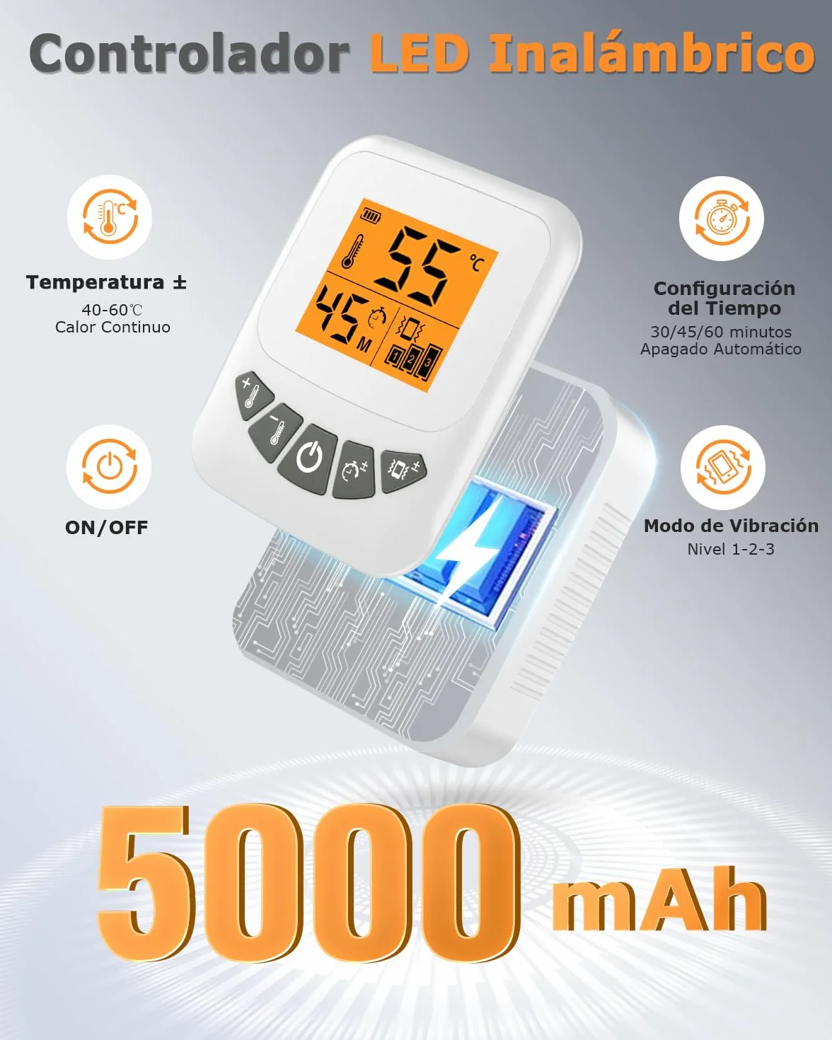 JOBYNA Almohadilla Eléctrica Lumbar, Manta Eléctrica Inalámbrica con Vibración, 5000mAh Masajeador Lumbar, 40-60℃ y 3 Modos de Vibración, Para Aliviar El Dolor la Zona Lumbar, Espalda y Abdominal