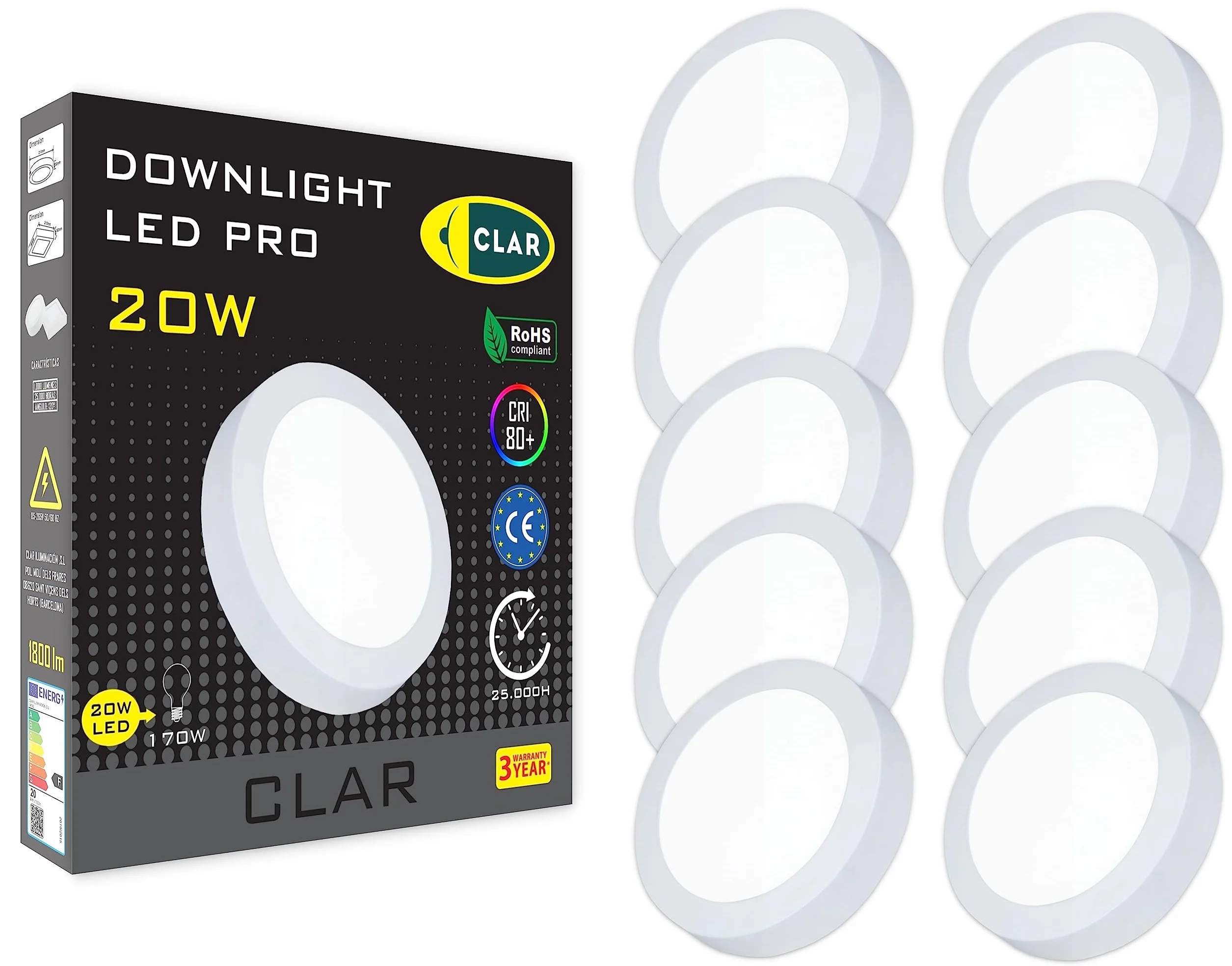 Downlight LED Techo Superficie 20W Luz Blanca Neutra 4000K Pack 10