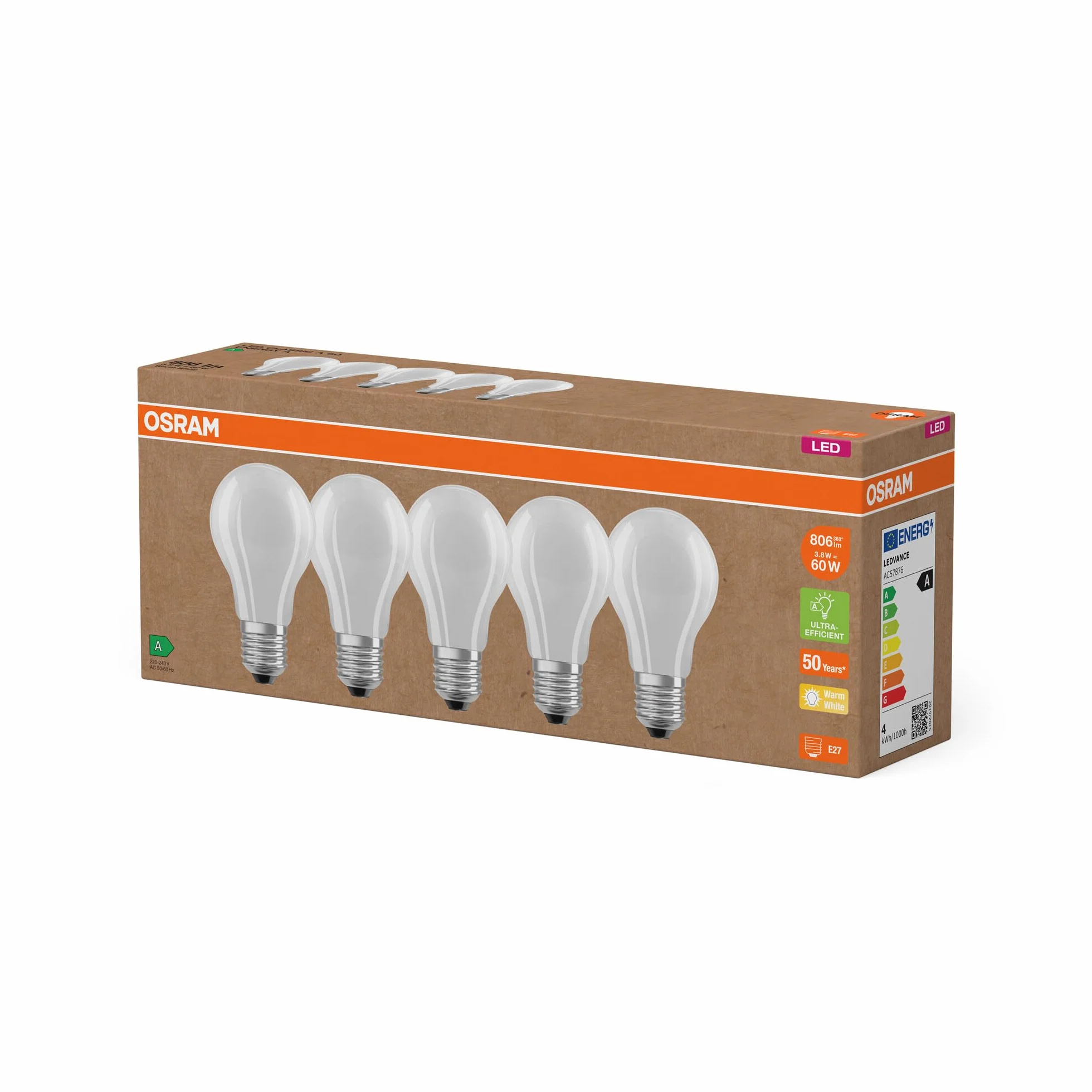OSRAM Bombillas LED E27 5 Paquete 60W Reemplazo 2700K Blanco Cálido Vidrio Mate