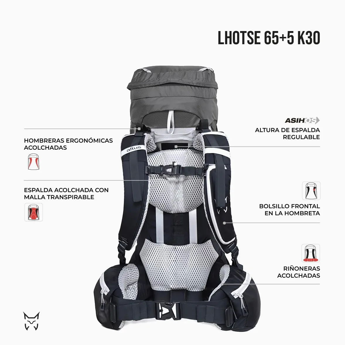 ALTUS Lhotse 65+5 K30 Mochila de Montaña y Trekking 70 Litros Unisex | Espalda Regulable, Apertura en U, Acceso Inferior, Portaesquís