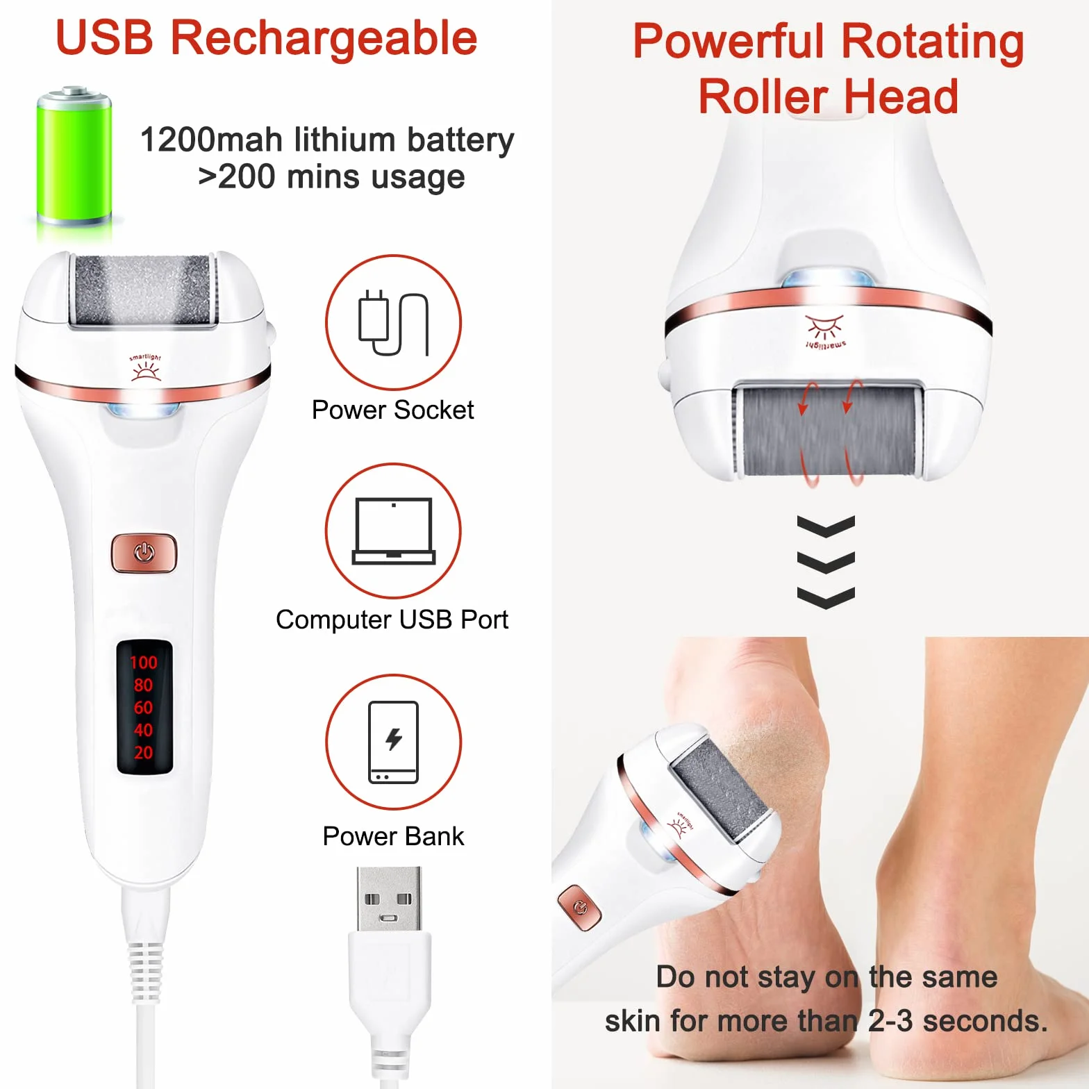 Aottom Pedicura Eléctrico Quita Durezas Eliminar Callos con 3 Diamond Rodillos IPX7 Impermeable Recargable