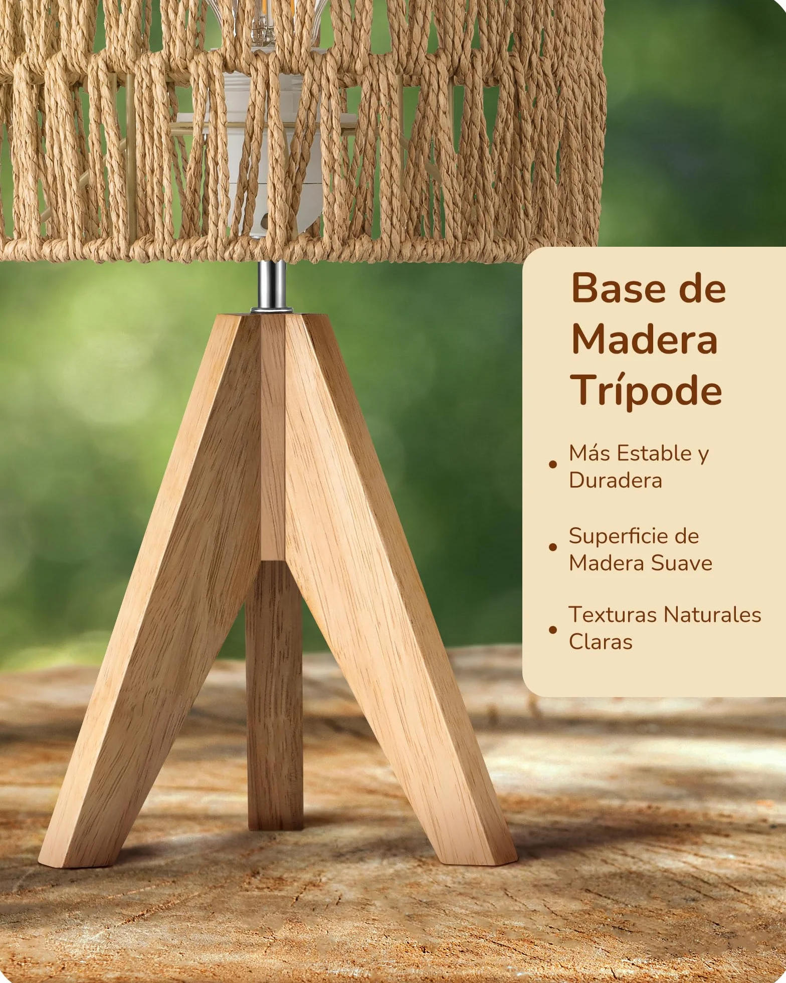 EDISHINE Lámpara de Mesa Pantalla de Lino Blanco Base de Madera Natural E27 Bombilla LED 2700K Incluida