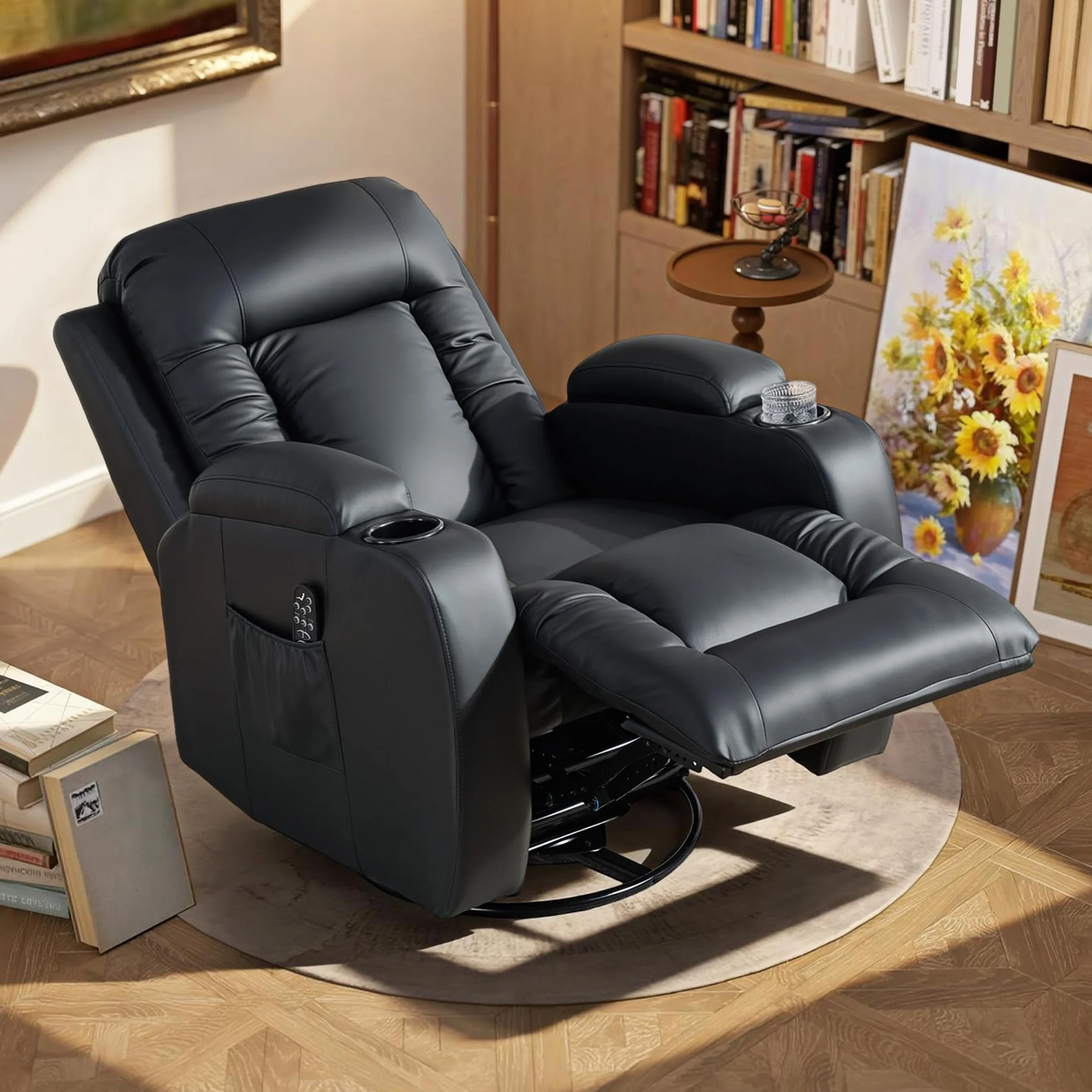 HOMCOM Sillón de Masaje Giratorio 8 Puntos Masaje Vibrante Reclinable Calefacción Lumbar Mando a Distancia 85x94x104 cm Negro