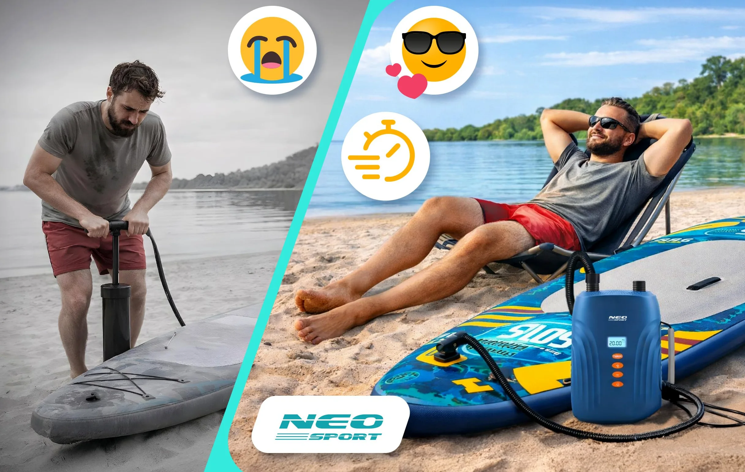 Neo-Sport Bomba de Aire eléctrica de 12 V para Sup, colchón de Aire y Bote Inflable – Bomba de 20 PSI Sup con Doble Motor, Parada automática, 6 adaptadores y función de desinflado