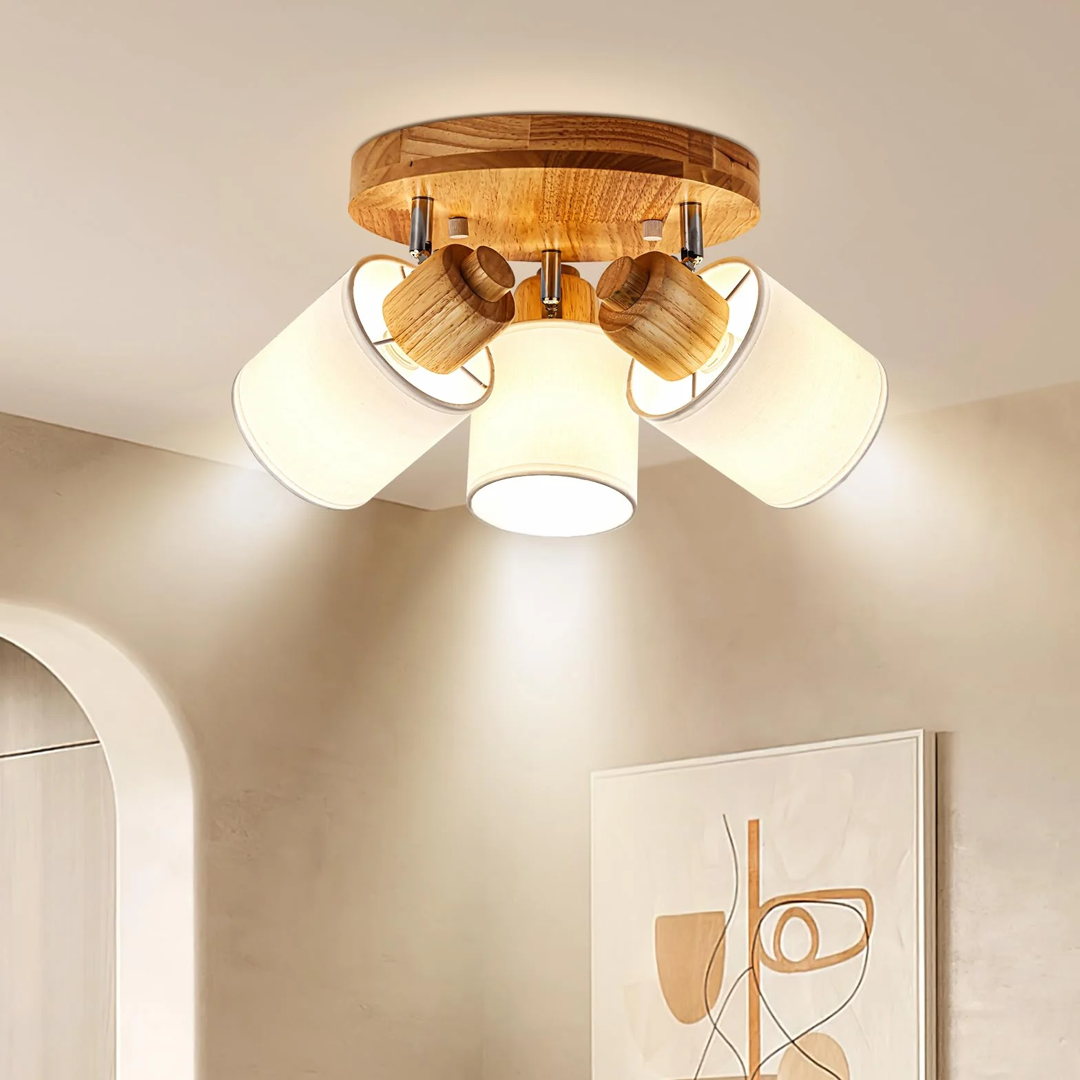 Lámpara de Techo 3 Focos Orientable Redonda Madera E14 Retro Aplique Pared Interior Giratorios