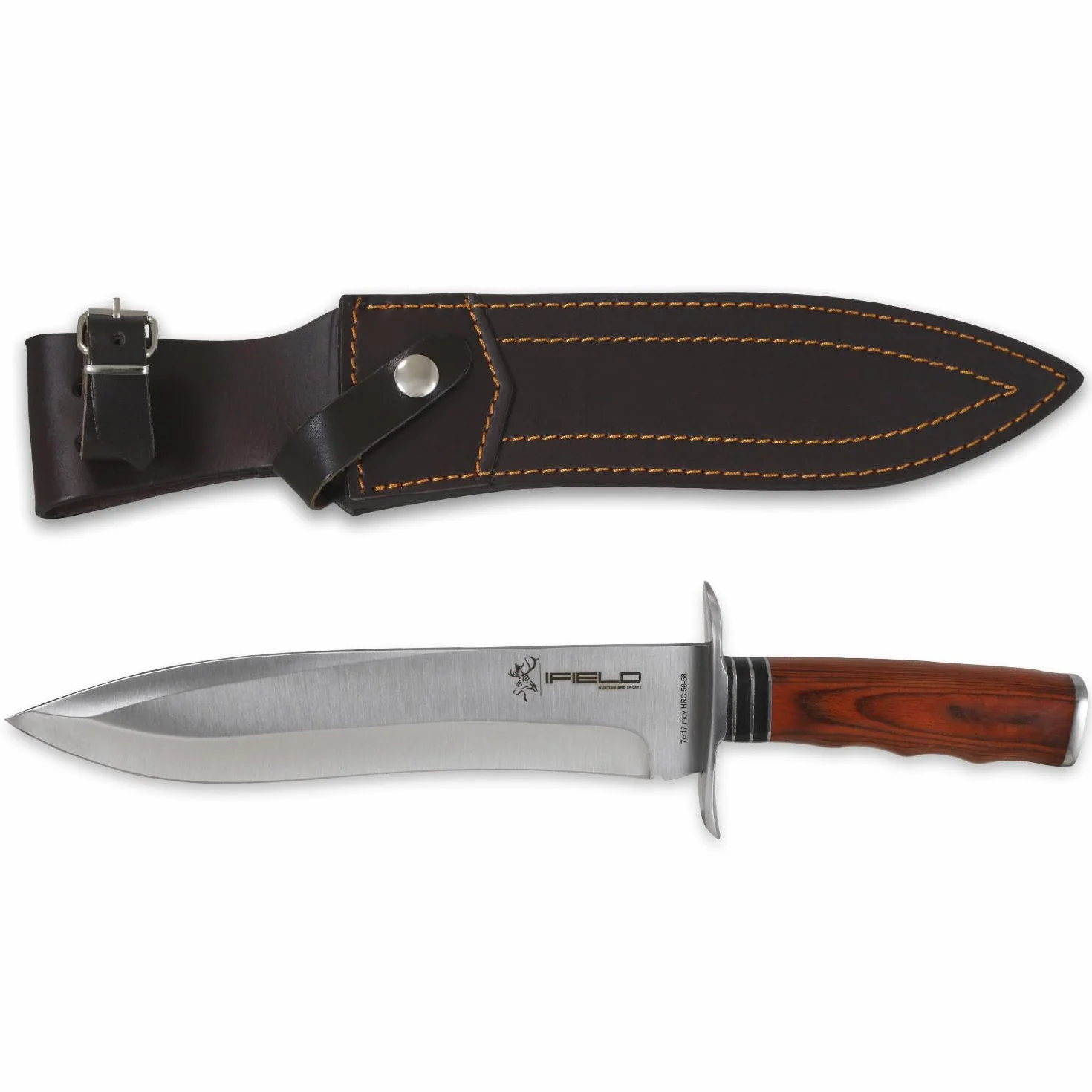 iFIELD Camper Cuchillo de caza deportivo EL29011, mango Stamina, 37 cm, hoja 23,5 cm, virola acero, funda piel marrón