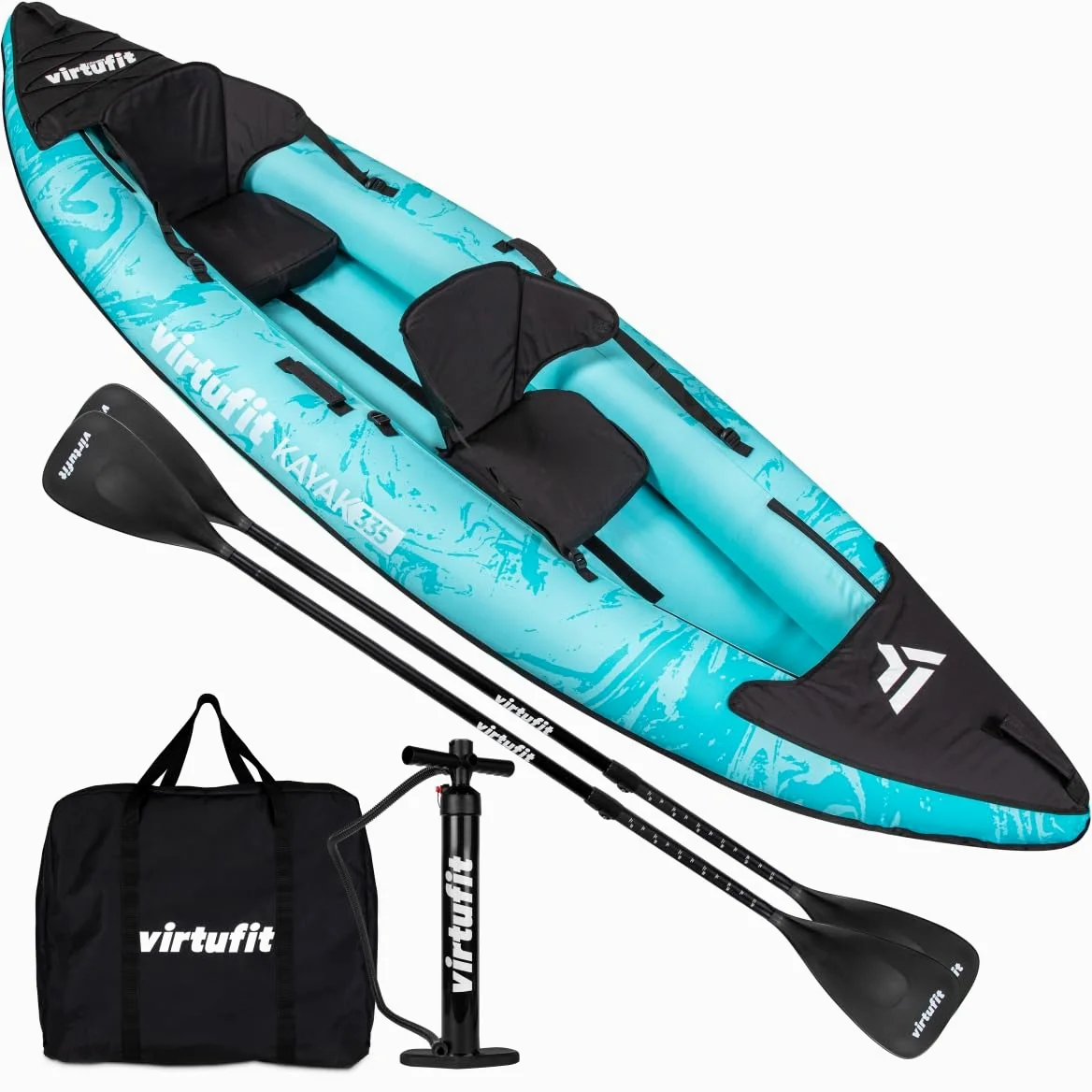 VirtuFit Kayak inflable 335 – 2 + 1 personas + opción de 3er asiento – Incluye 2 remos – Bomba de mano – 335 cm – Turquesa