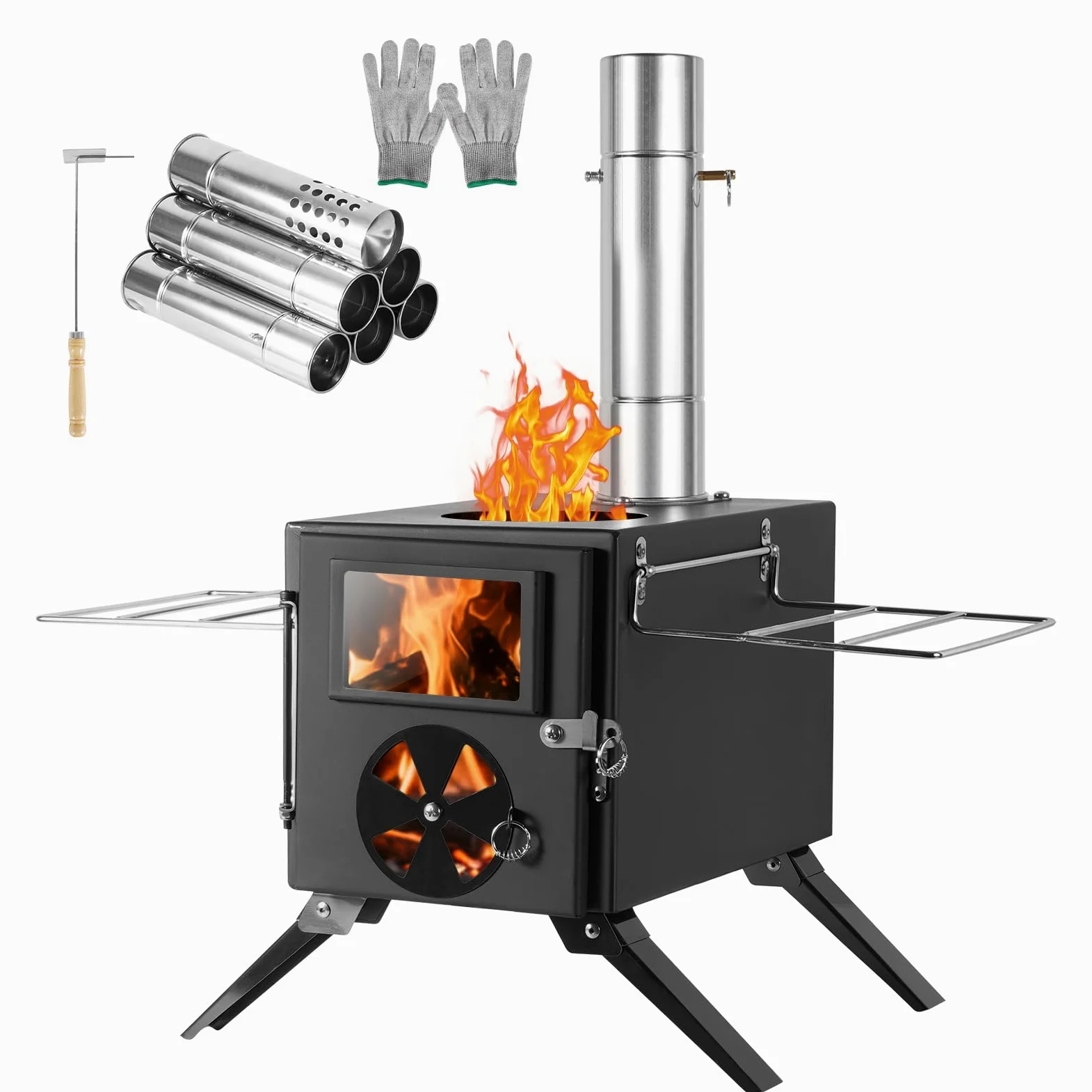 SOPPY Horno de tienda de campaña mini estufa de leña portátil de camping de acero inoxidable estufa de camping horno de jardín con tubos de chimenea horno de taller para tienda de campaña/jardín