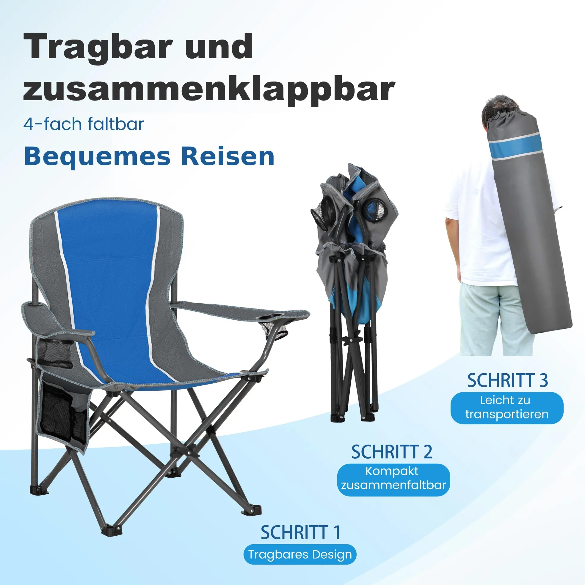 LET'S CAMP Silla plegable para camping, hasta 160 kg | Con soporte para bebidas, bolsa de transporte XL, silla plegable, color azul
