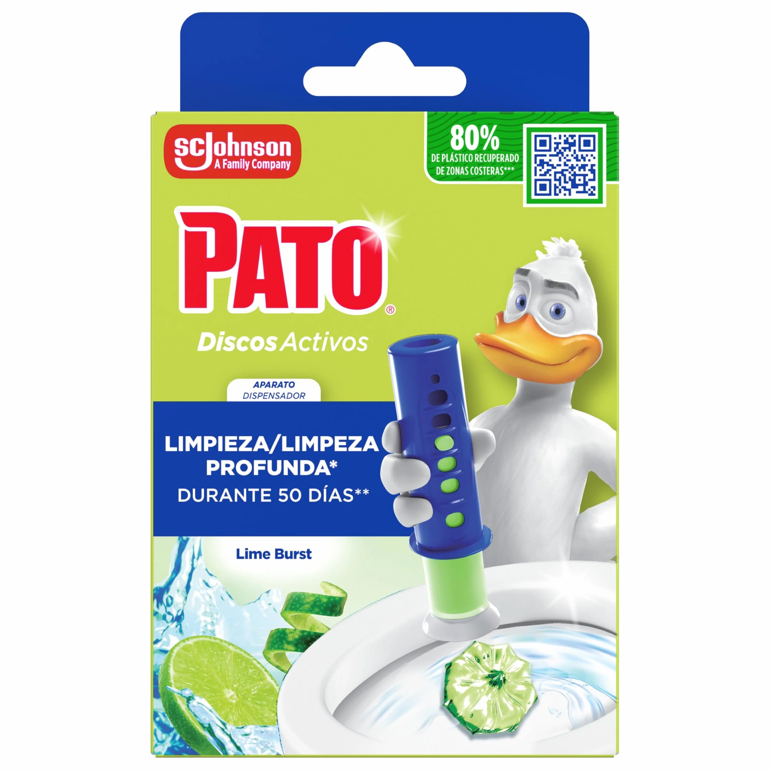 Pato Discos Activos WC Lima, Limpia, Refresca y Perfuma el Inodoro, 360°, 1 Aparato + 1 Recambio, 6 discos