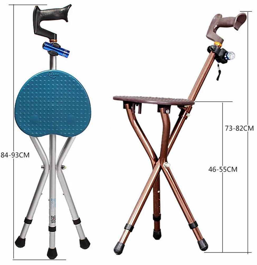 Bastón con Asiento, Altura Ajustable Bastón con luz LED Asiento de bastón 3 Patas Bastón portátil Plegable Aluminio, Marrón_84-93cm (Marrón 84)