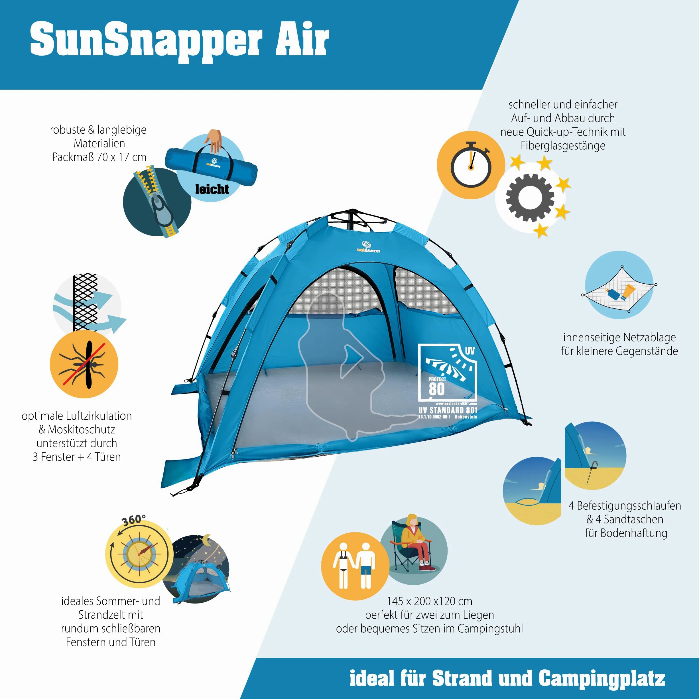 outdoorer Sun Snapper Air - Refugio de playa con 4 puertas y 3 ventanas, montaje rápido, protección UV 80, protección visual y protección contra insectos
