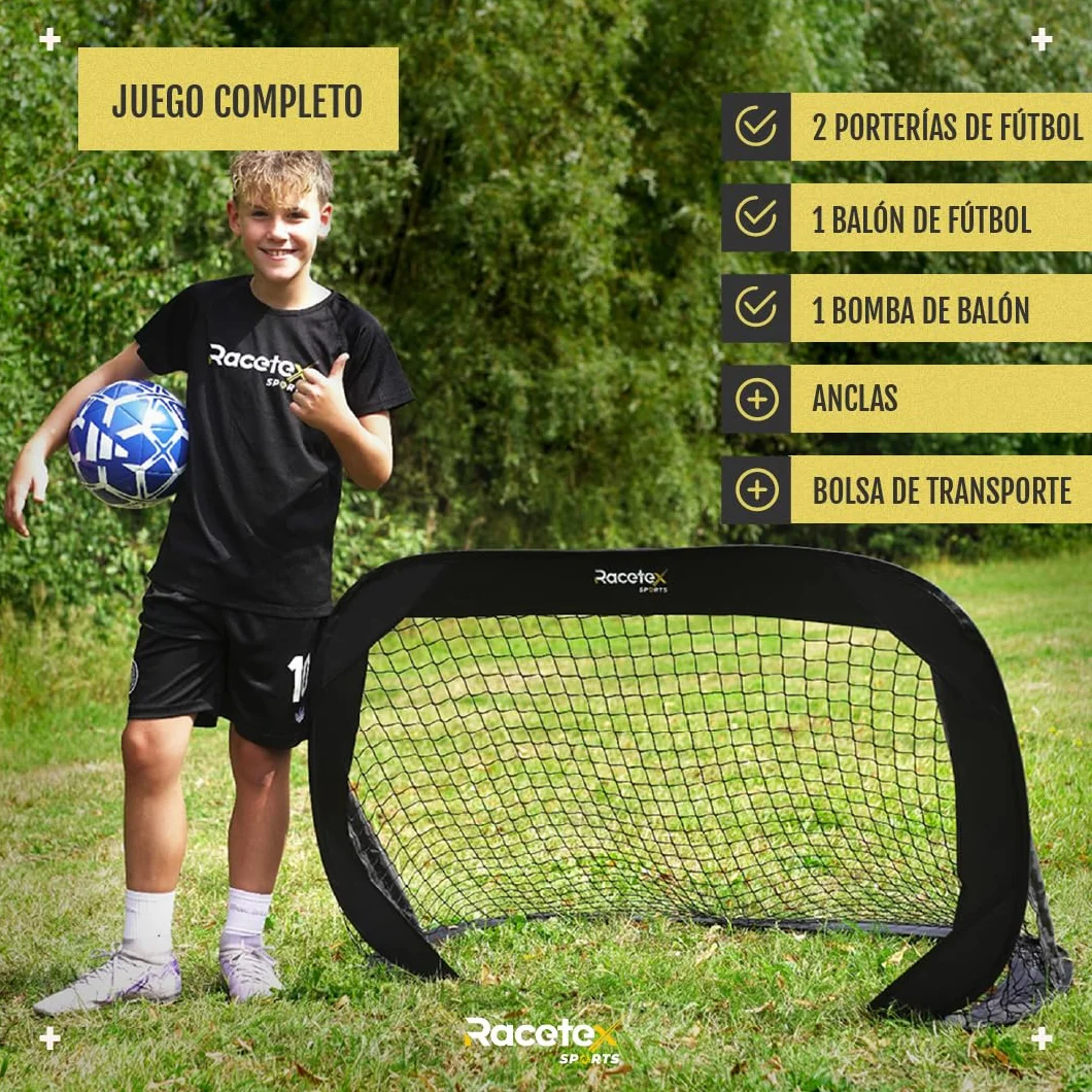 Racetex Portería de fútbol infantil 2 unidades fibra de vidrio reforzada con pelota bomba ancla bolsa