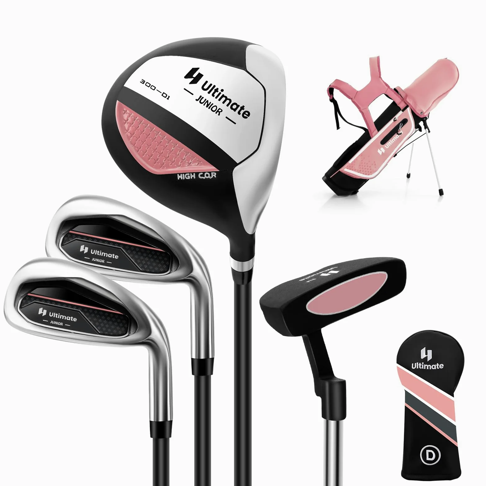 COSTWAY Juego de Palos de Golf para Niños de 8 a 10 Años, Incl. Bolsa de Soporte con Capucha para Lluvia, Driver n.º 1, Hierros y Putter n.º 7#S para Niños y Niñas, Diestros