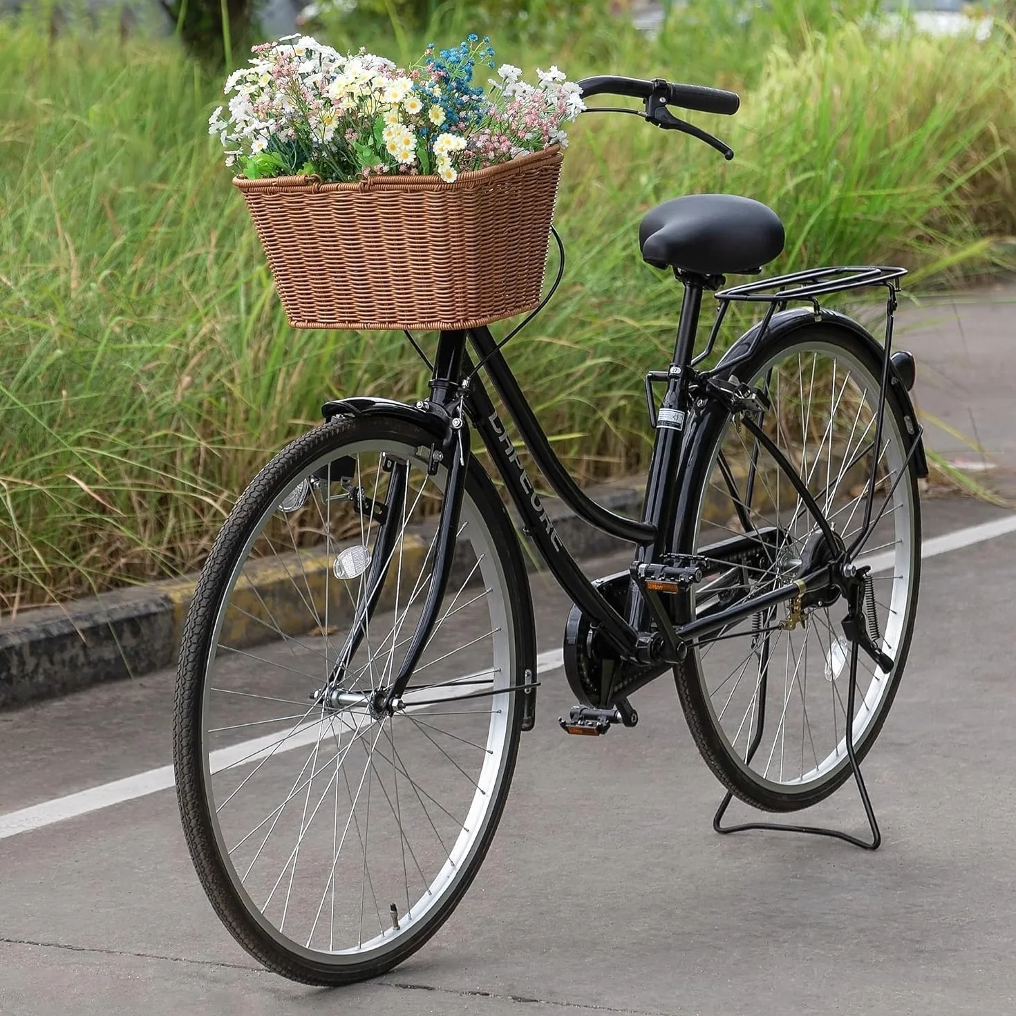 CXWXC Cesta de Bicicleta – Resistente Cesta Delantera – Cesta de Mimbre Tejida a Mano con Correas Ajustables de Cuero Vegano