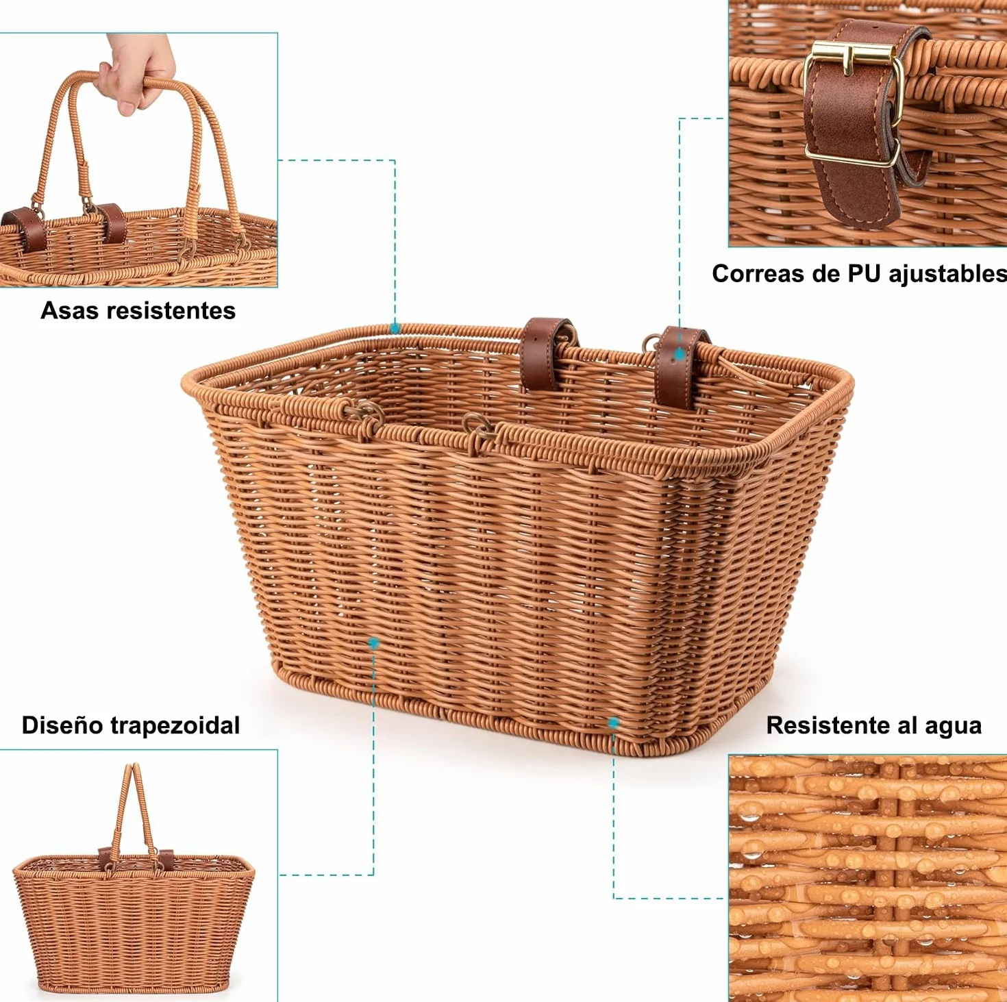 CXWXC Cesta de Bicicleta – Resistente Cesta Delantera – Cesta de Mimbre Tejida a Mano con Correas Ajustables de Cuero Vegano