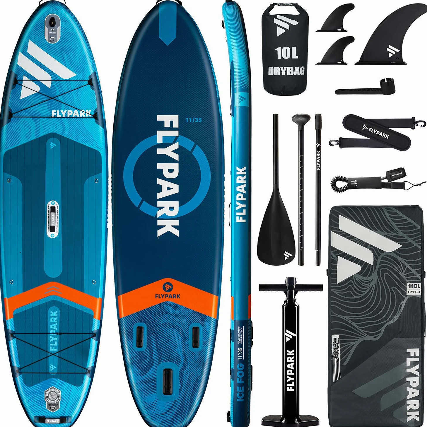 Flypark Tabla de Remo Inflable Estable de Pesca y Familia de 10 pies 8/11 x 35 Pulgadas, Tabla de Remo Inflable Extra Ancha, rodamiento de 430 Libras, Tabla de Remo de pie, Soporte de cámara, Correa