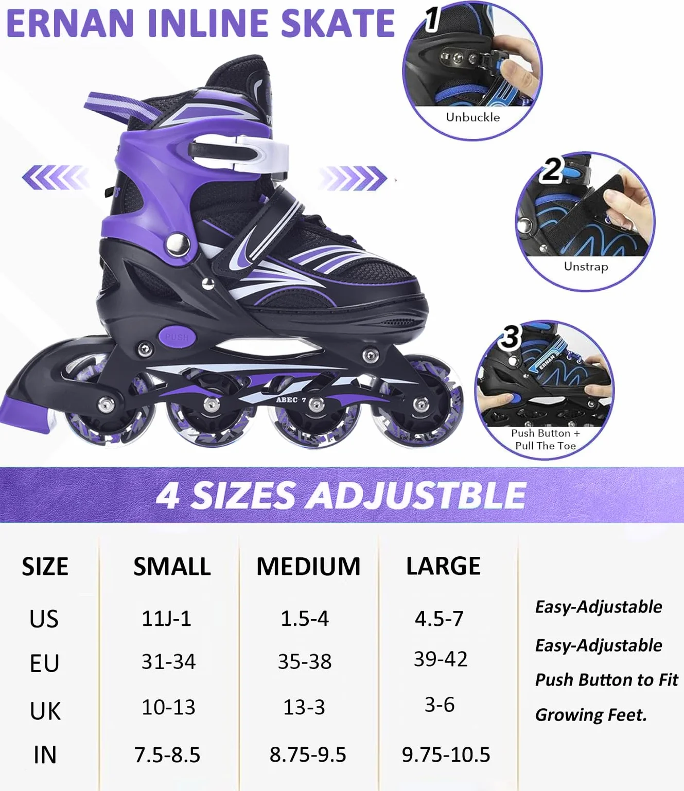 ERNAN Patines en línea, Patines en línea Ajustables iluminados para niños, Patines en línea para niños y niñas,jóvenes, Principiantes