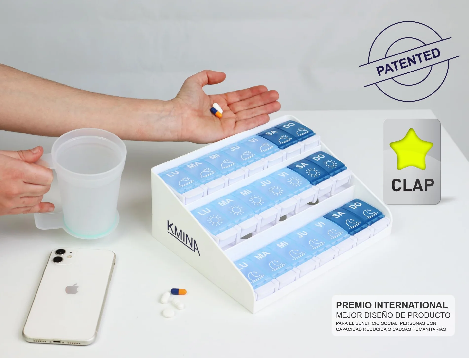 KMINA Pastillero Semanal 3 Tomas Grande Organizador de Medicamentos Patentado Fabricado en España