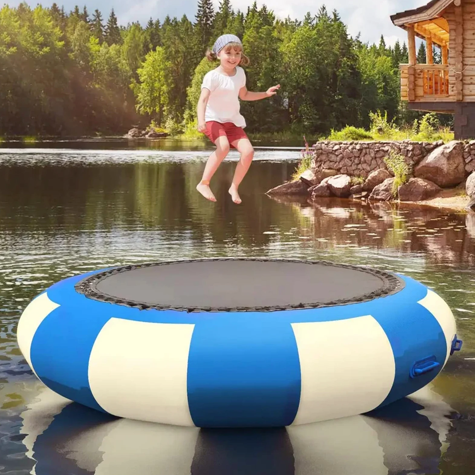 Trampolín inflable de agua con inflador eléctrico, rebotador de salpicaduras de buceo, escalera de cuerda, cuerdas de amarre y ancla para piscinas y lagos