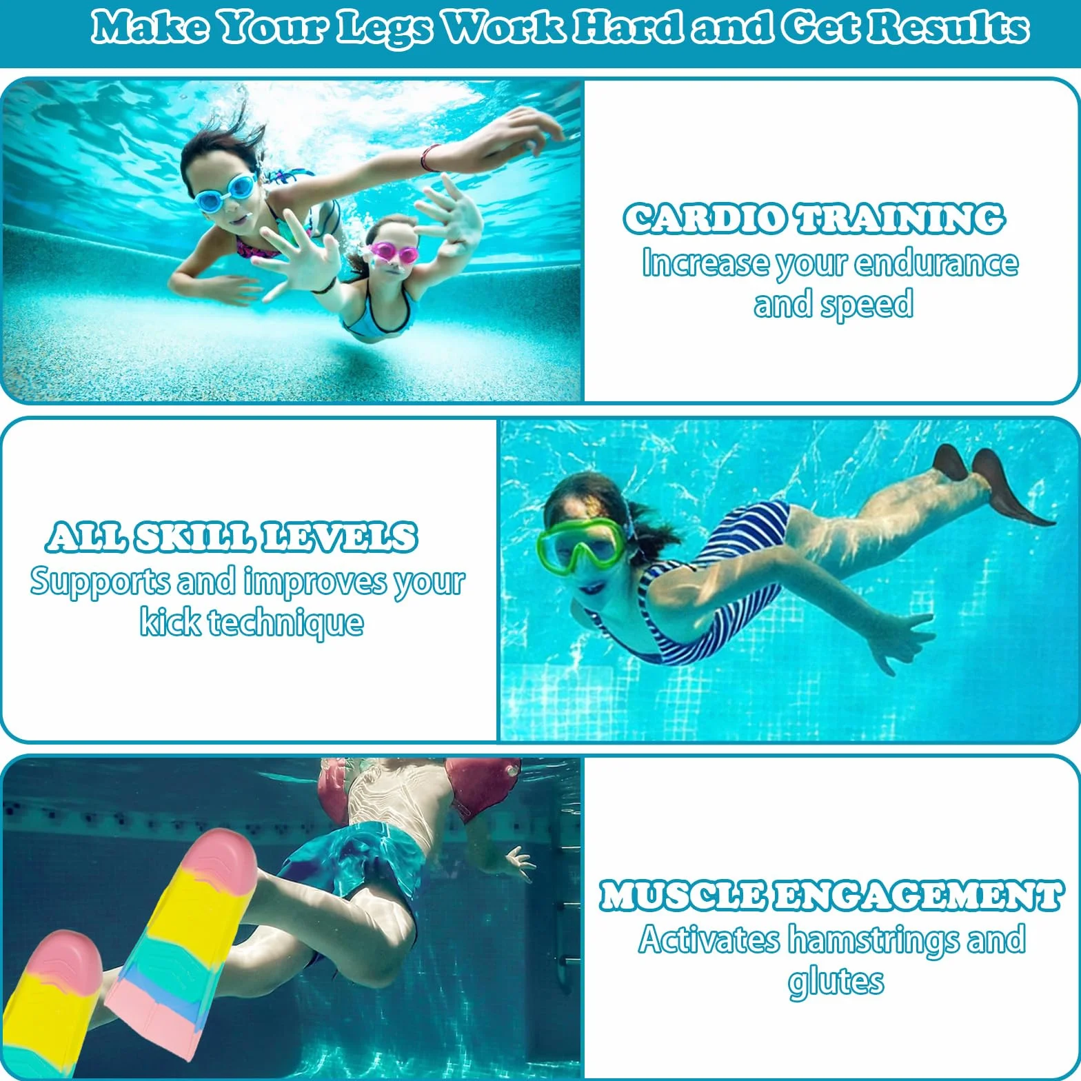 Aletas de natación para niños, 100% silicona, aletas de entrenamiento, aletas de natación para niños y adultos, entrenamiento de agua abierta, snorkeling