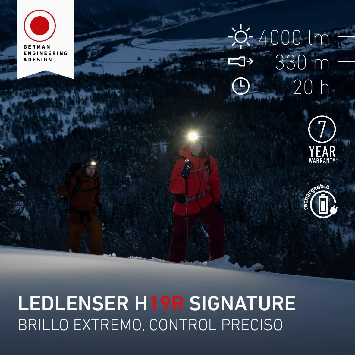 Ledlenser H19R Signature Linterna Frontal Recargable, 4000lm, 330m, IP68 | Haz focalizado, haz amplio y luz roja, Bluetooth, hasta 20h de autonomía, intensidad regulable, para pesca, camping | 2020